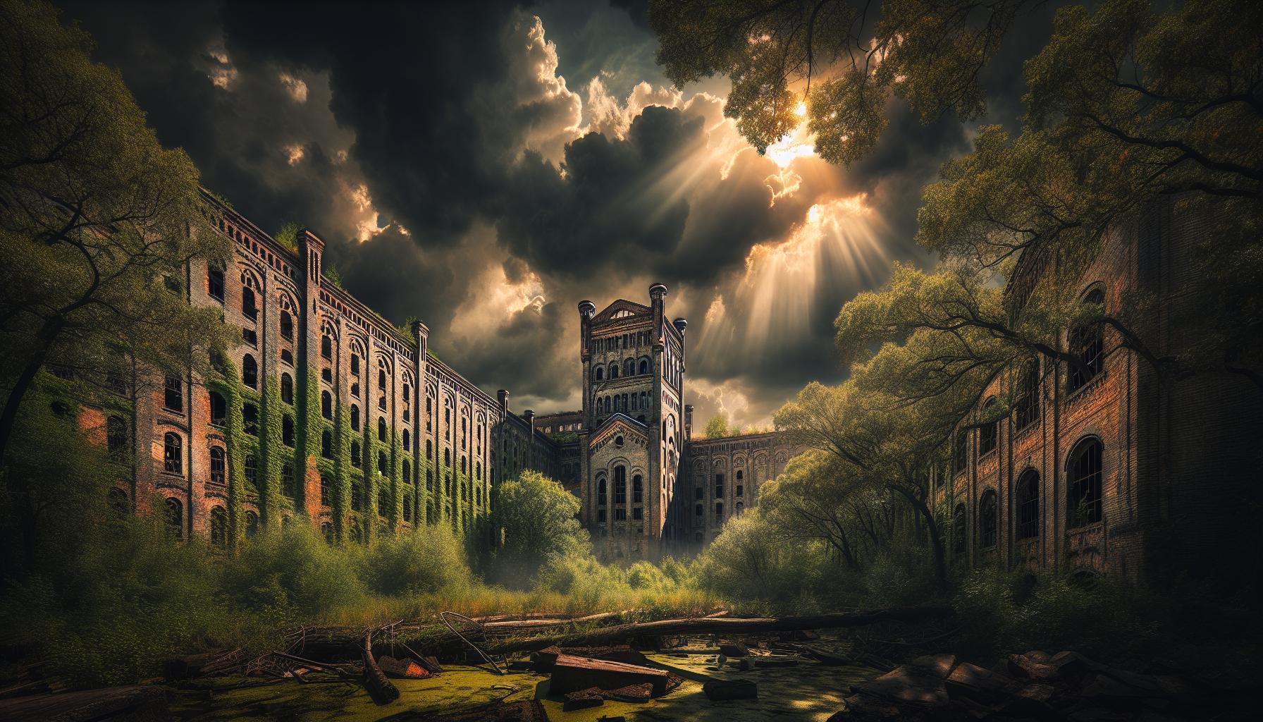 A large deserted overgrown ruined brick neogothic factory in oak woods, bright beams of sunshine, dark clouds