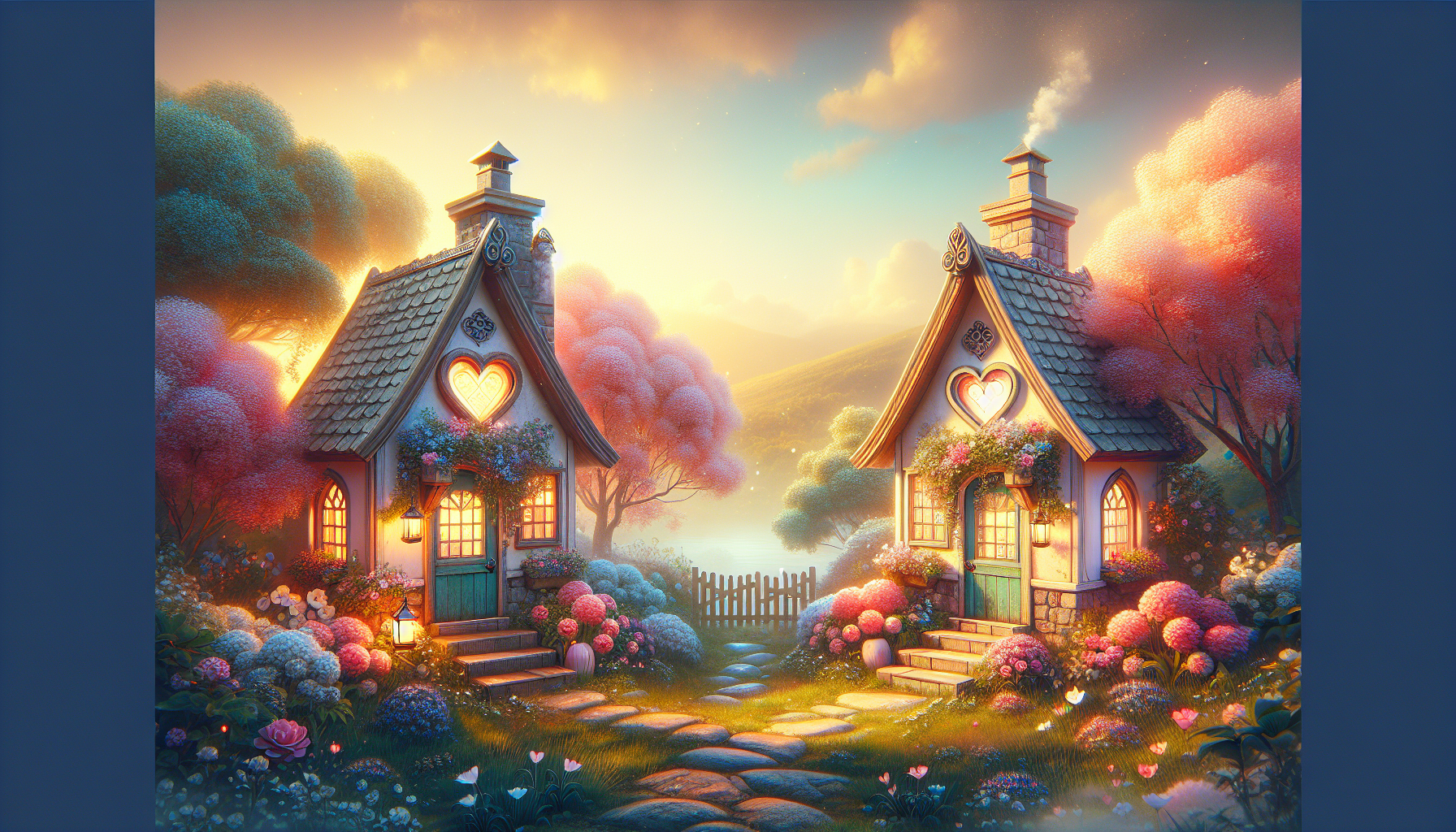two cozy small houses side by side, warm atmosphere, surrounded by flowers and trees, soft pastel colors, heart-shaped windows, symbolizing love and friendship, golden hour lighting, whimsical fairytale style, highly detailed, soft focus, fantasy environment --v 6 --ar 16:9
