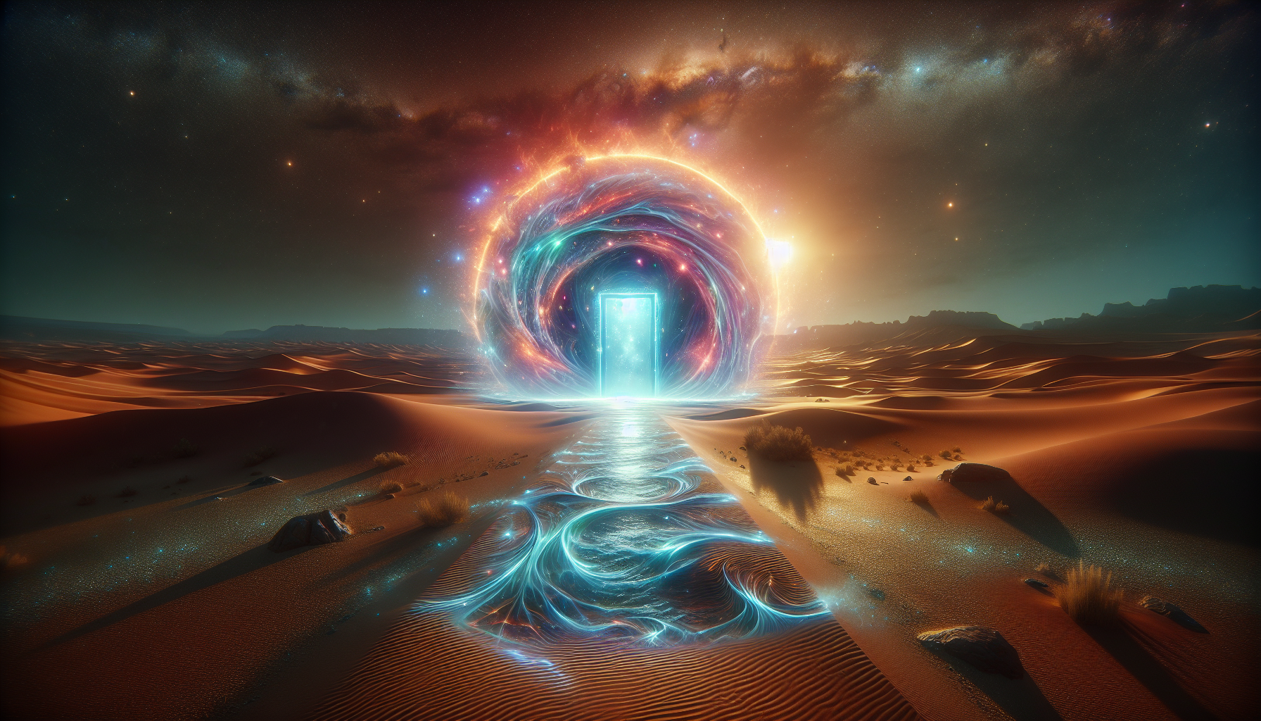 A mystical cosmic portal opening in the middle of a quiet desert night.