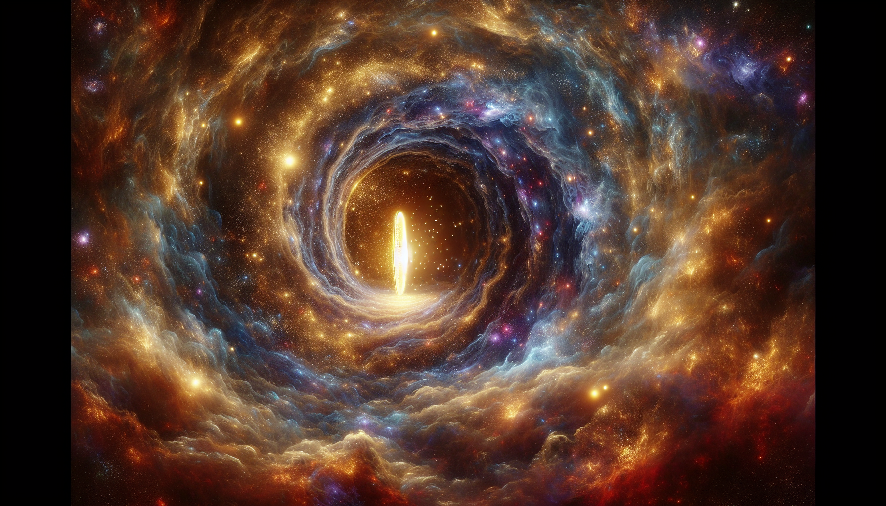 A golden portal opening in the middle of swirling galaxies.