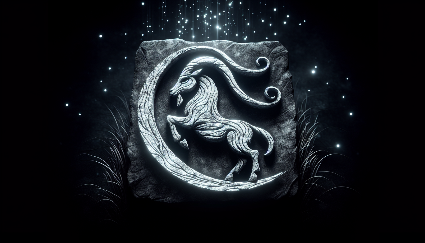 The Capricorn sea-goat symbol glowing in stone texture under starlight.