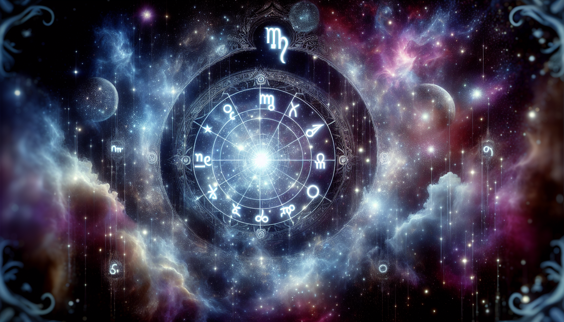 A cosmic gate guarded by glowing astrological glyphs.