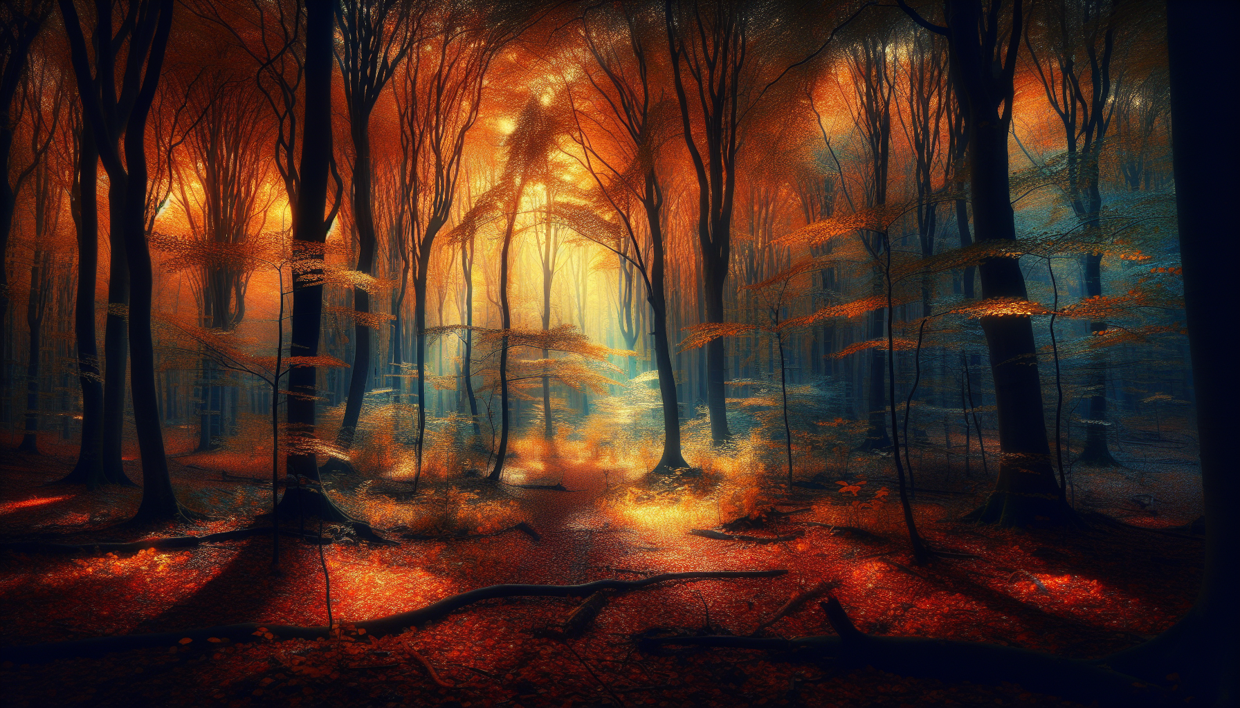 A mystical autumn forest with a glowing light between the trees.