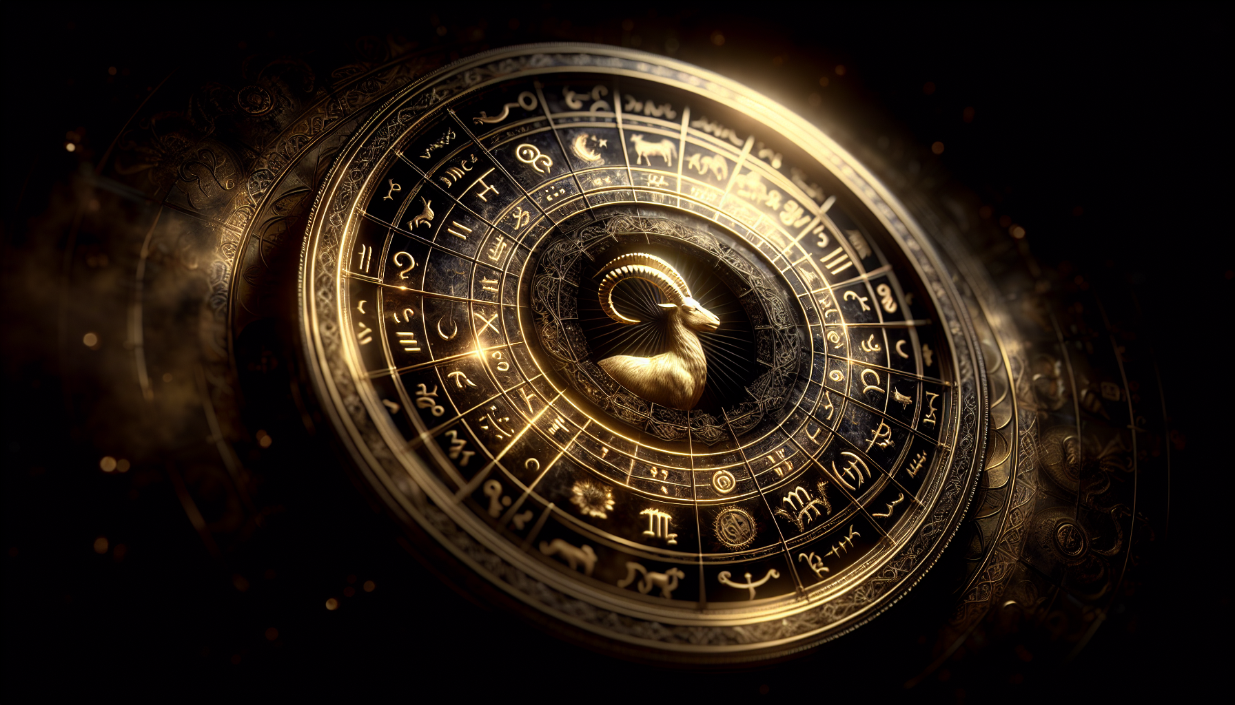 A dark-toned astrological wheel with Capricorn highlighted in glowing gold.