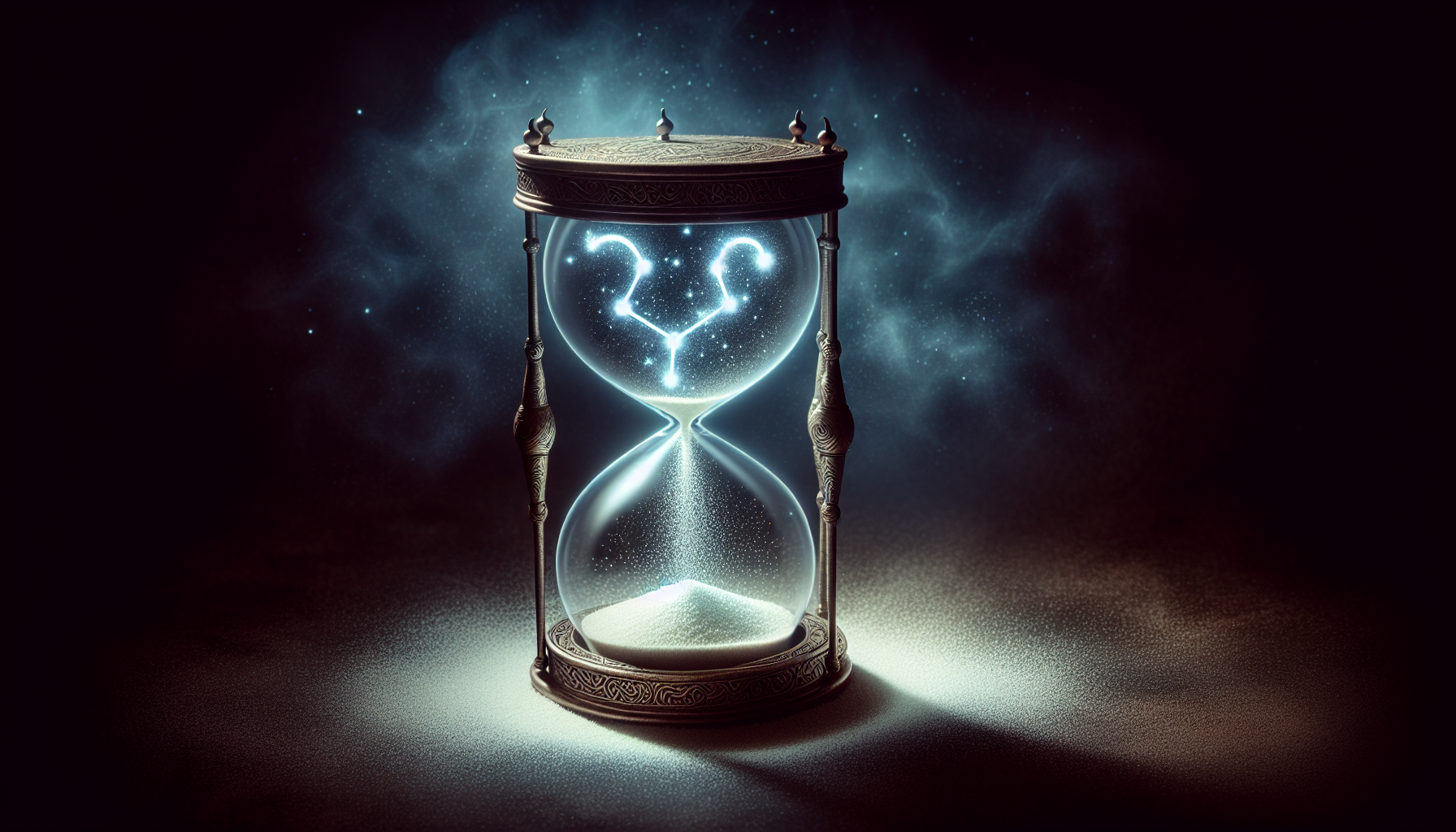 An hourglass glowing faintly, sand forming the Capricorn constellation.