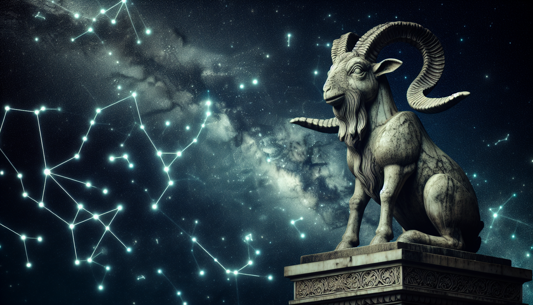 A goat-headed statue glowing faintly with constellations behind it.