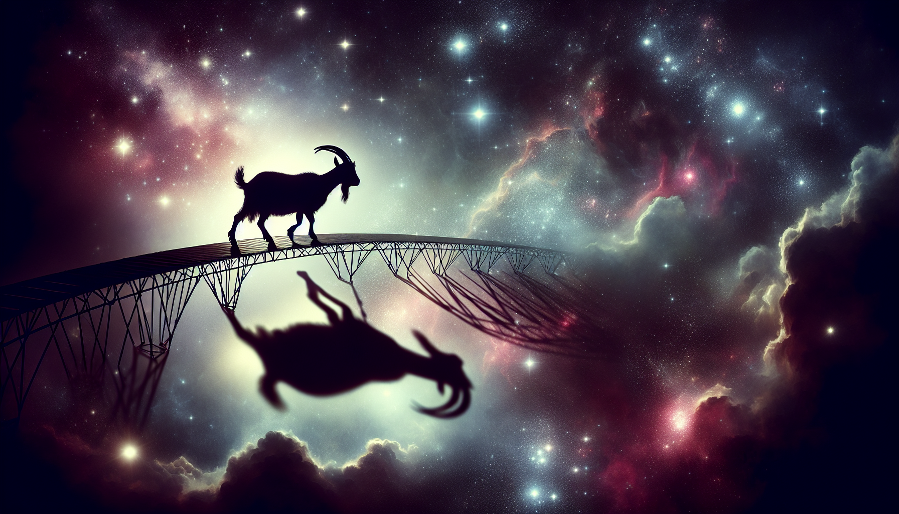 A goat shadow walking across a glowing cosmic bridge.