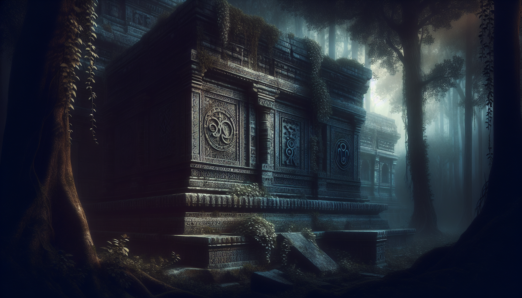A shadowy temple with zodiac carvings illuminated by faint light.