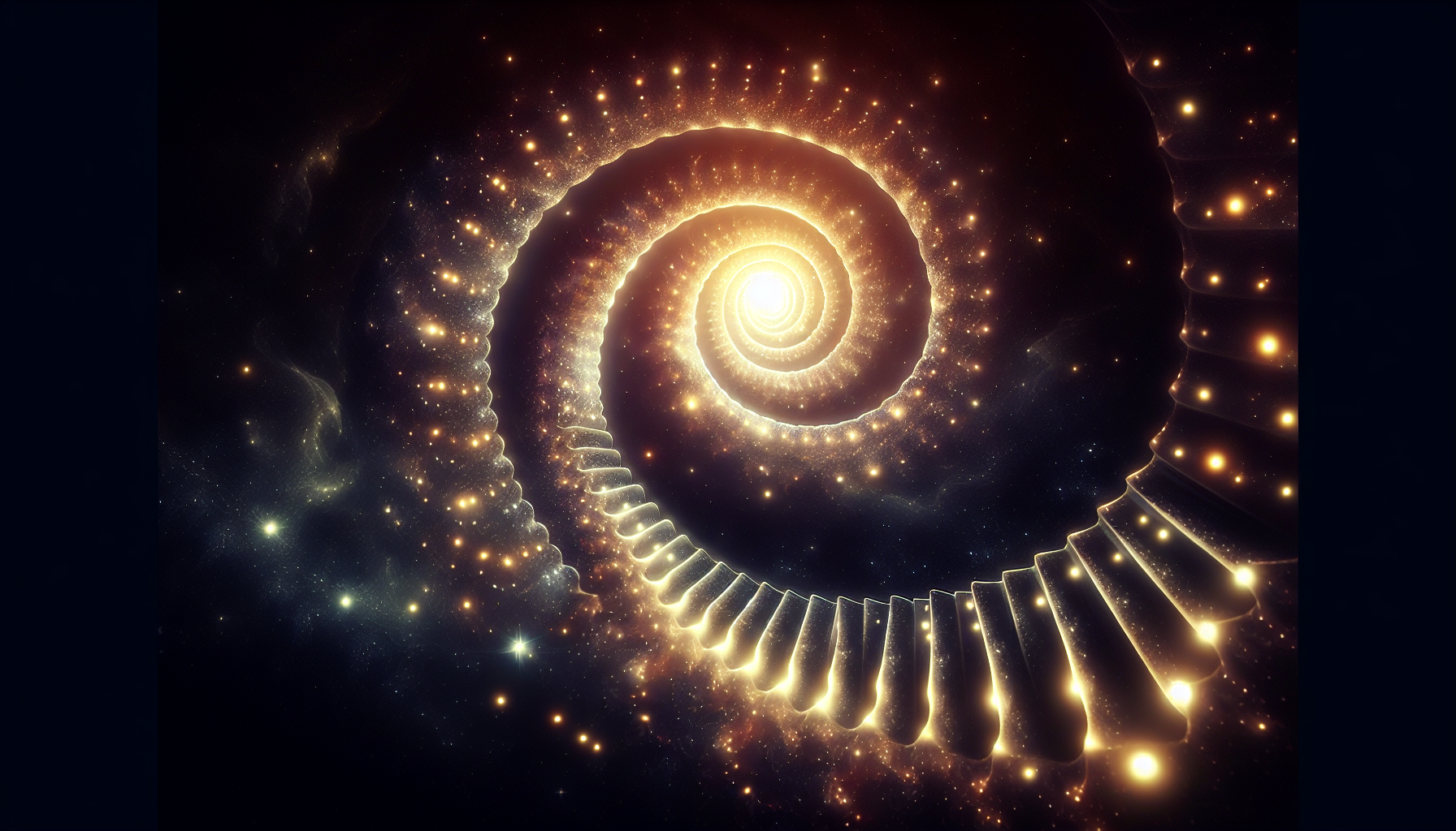 A glowing spiral staircase in a dark void, leading to Capricorn constellation.