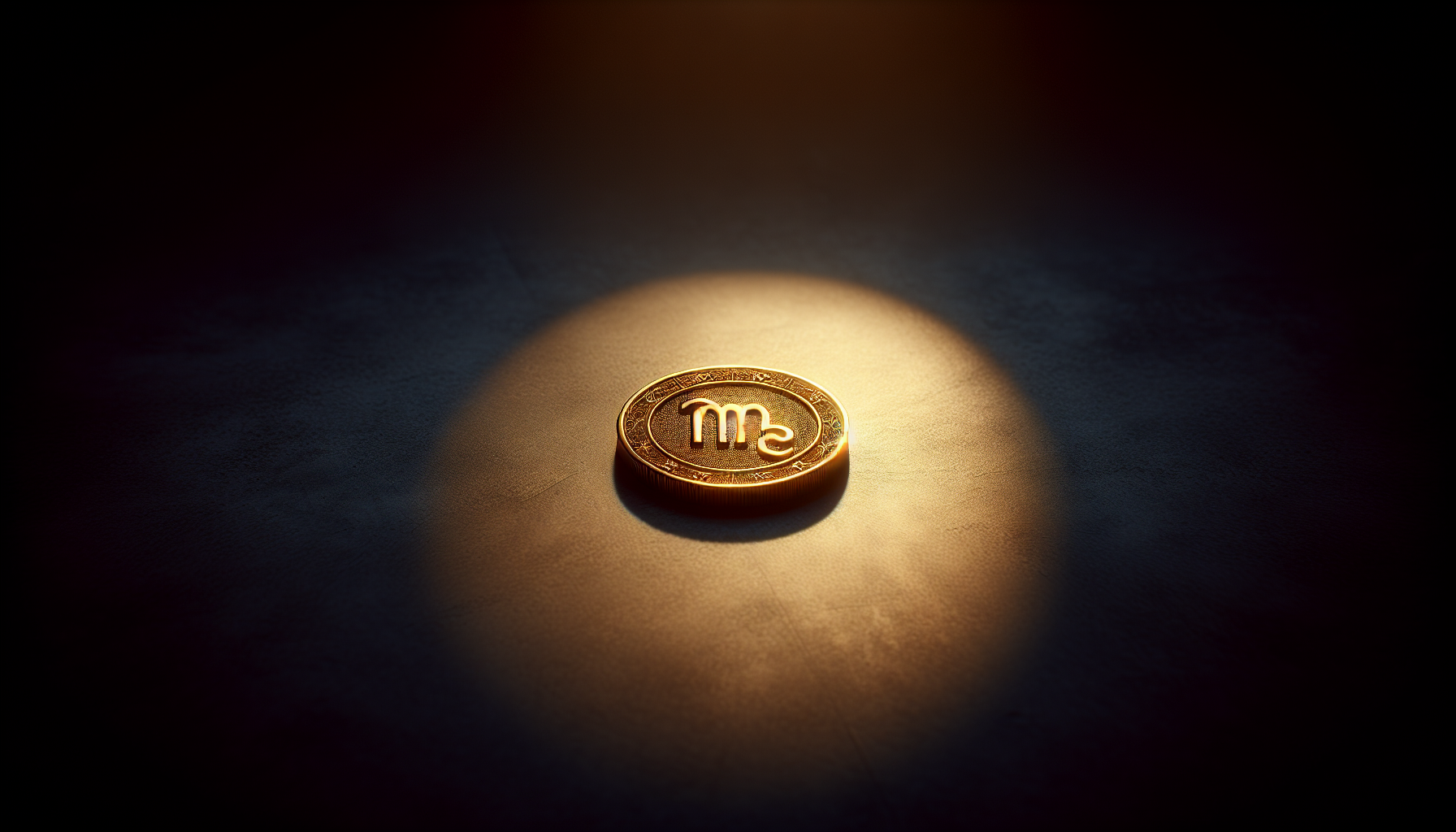 A golden coin with Capricorn symbol glowing faintly in shadows.