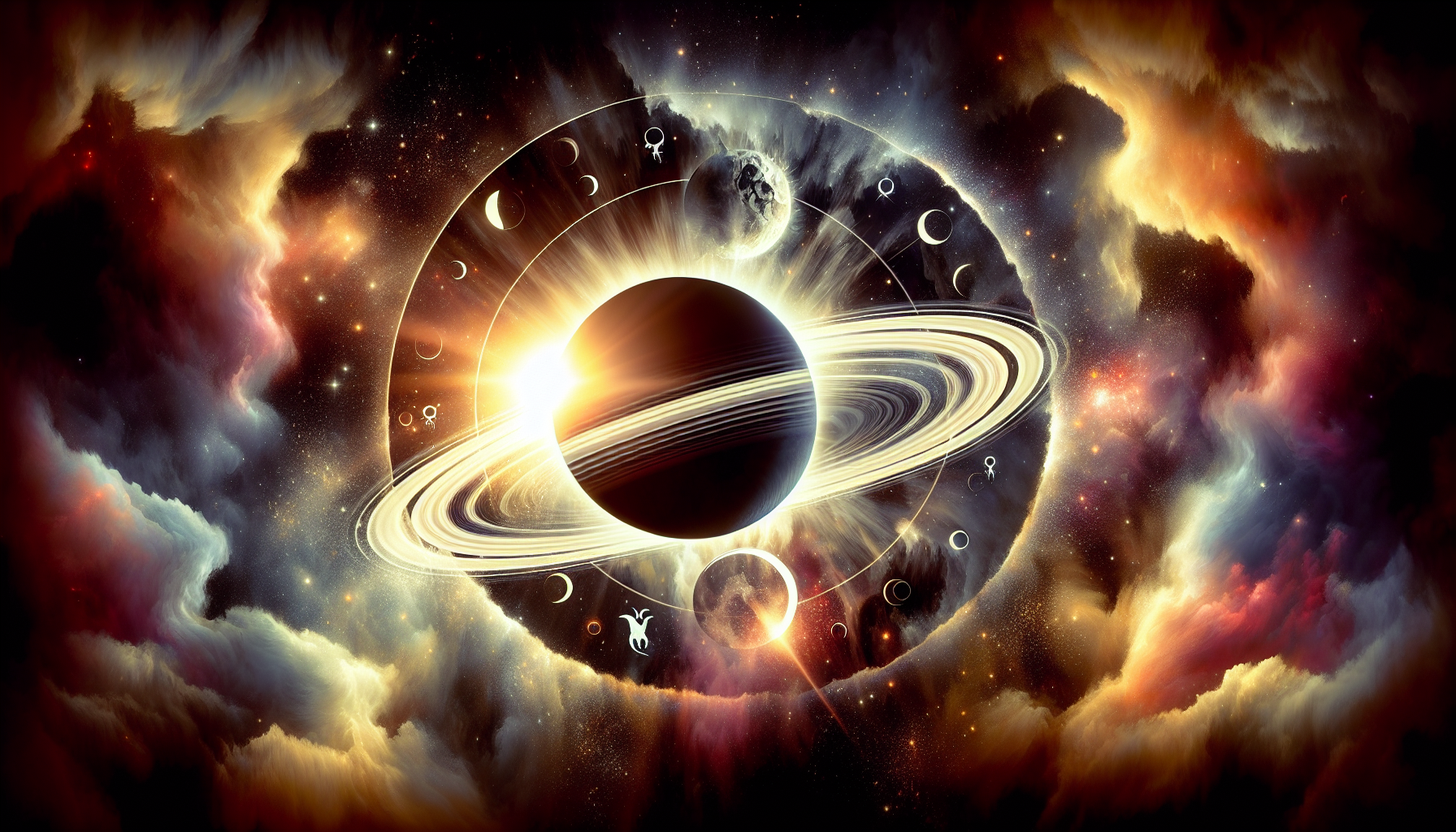 Saturn’s rings glowing over a dark eclipse with Capricorn glyph.