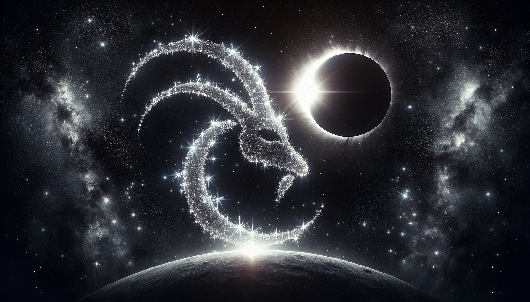 The Capricorn glyph made of glowing stars during a solar eclipse.