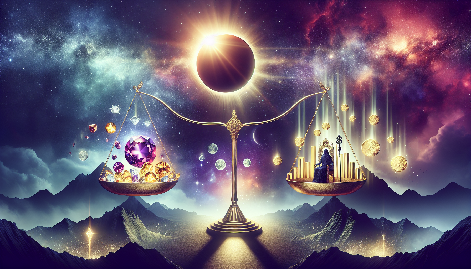 Cosmic scales balancing wealth and power, eclipse glowing in the sky.