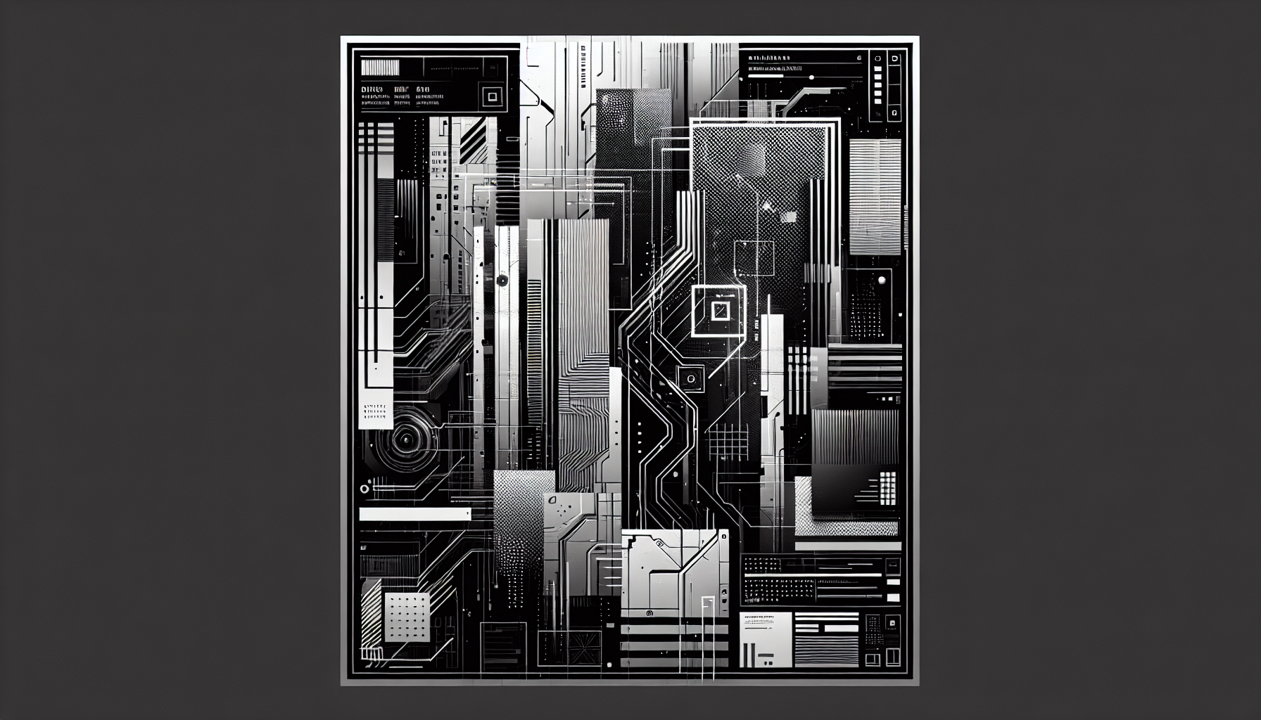 A high-resolution poster background in a techno / industrial / digital style, strictly black and white, with a gritty futuristic vibe.
Heavy use of metallic textures, abstract geometric shapes, glitch effects, circuit-board patterns, and subtle neon-style highlights in shades of gray.
The composition should include clear negative-space areas where text can later be placed:
– a wide horizontal strip near the top for event title
– several rectangular panels or empty zones in the middle and lower parts for artist names and set times.
Crisp vector-like edges, high contrast, slightly cyberpunk yet minimalist.
Portrait orientation, suitable for print.