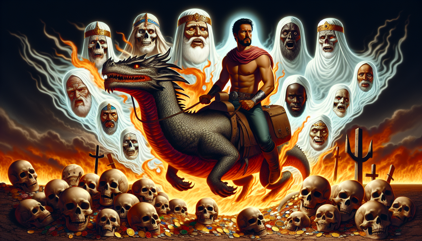 Hombre montando un dragón con fondo de cráneos quemados por llamas de dragón y tesoros enterrados en la tierra , saliendo de la tierra abierta fantasmas de Reyes 