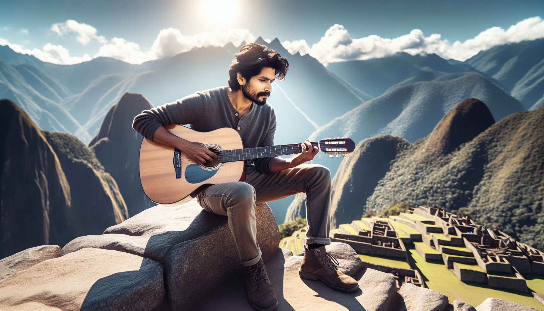 a man playing guitar at Machu Picchu
