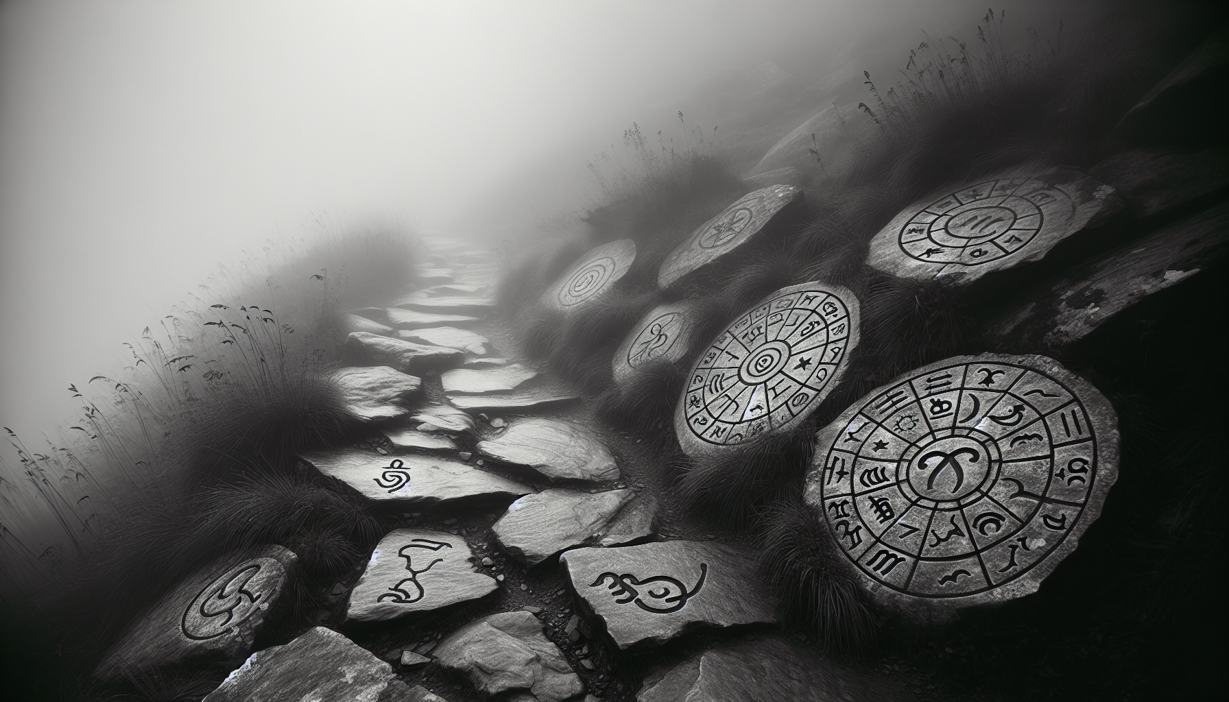 Old weathered mountain trail covered in mist with faint zodiac wheel symbols etched on stones, black and white