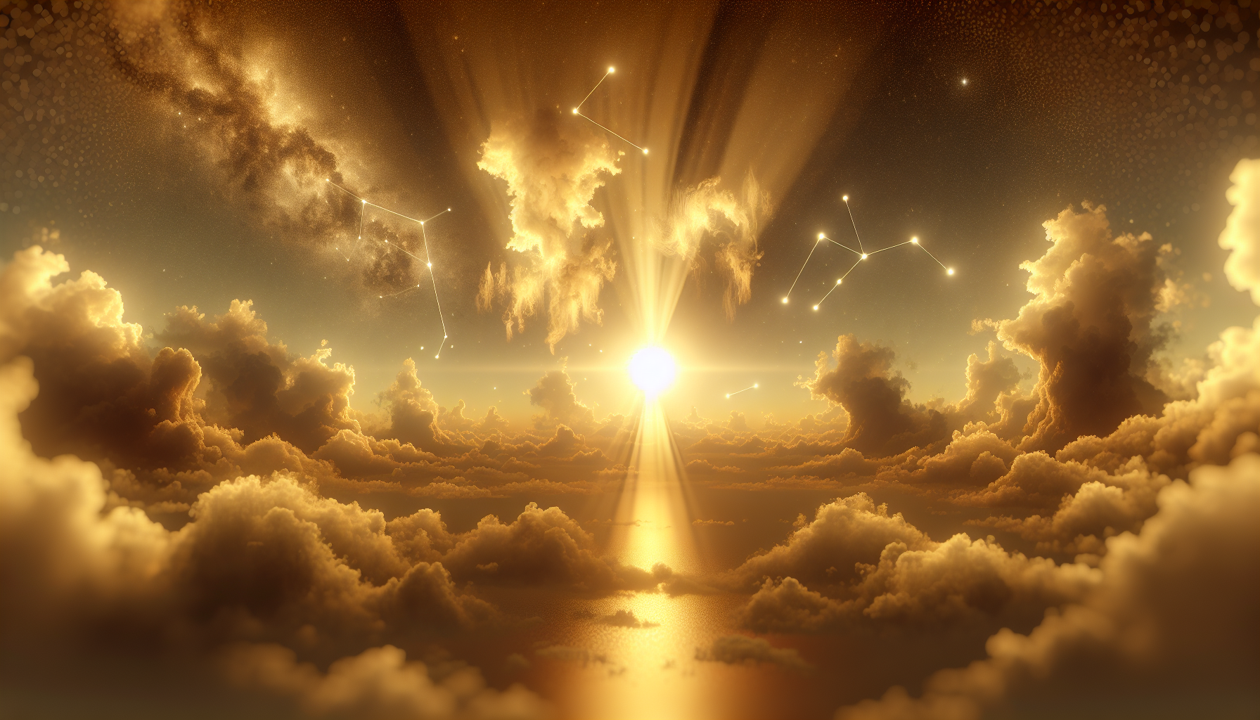 Golden light ray breaking through clouds shaped like Capricorn constellation, muted glow.