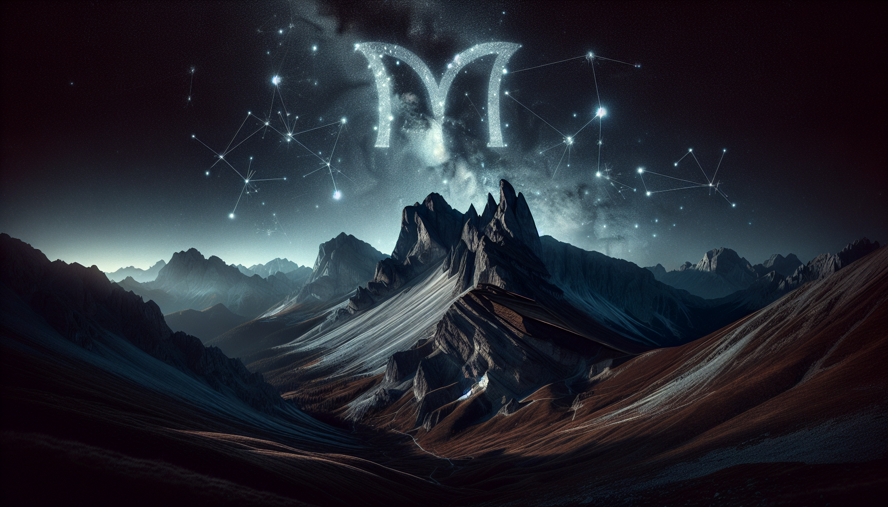 Stars aligning into Capricorn glyph ♑ above mountain, cosmic astrology theme.