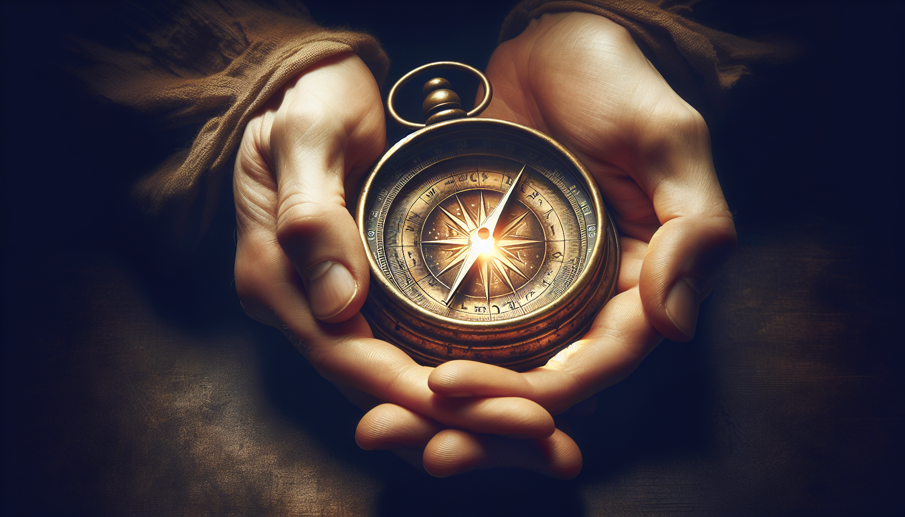 Hands holding glowing astrological compass pointing toward Capricorn, minimal.