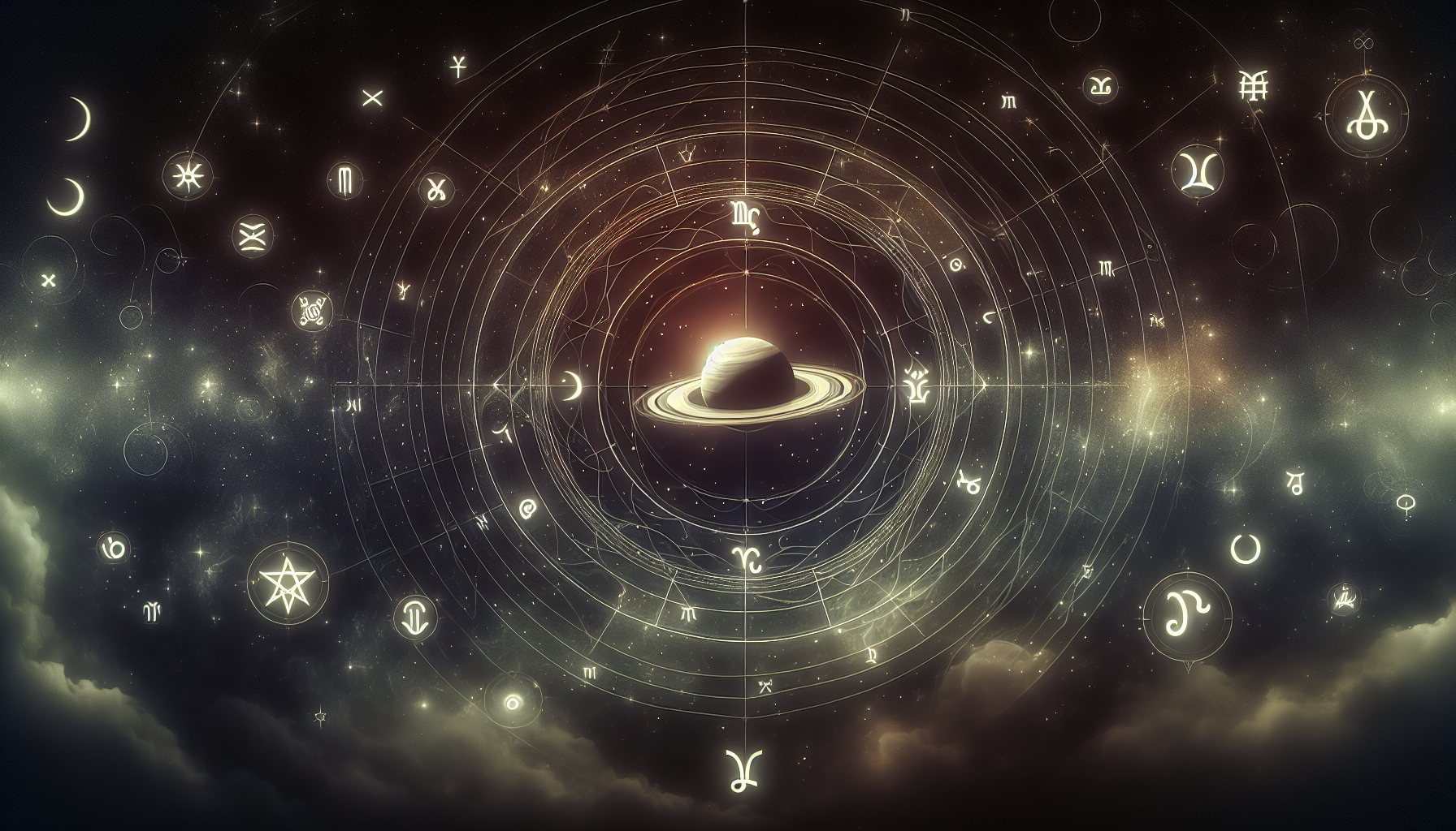 Night sky with faint Saturn and zodiac symbols radiating energy, muted astrological tones.