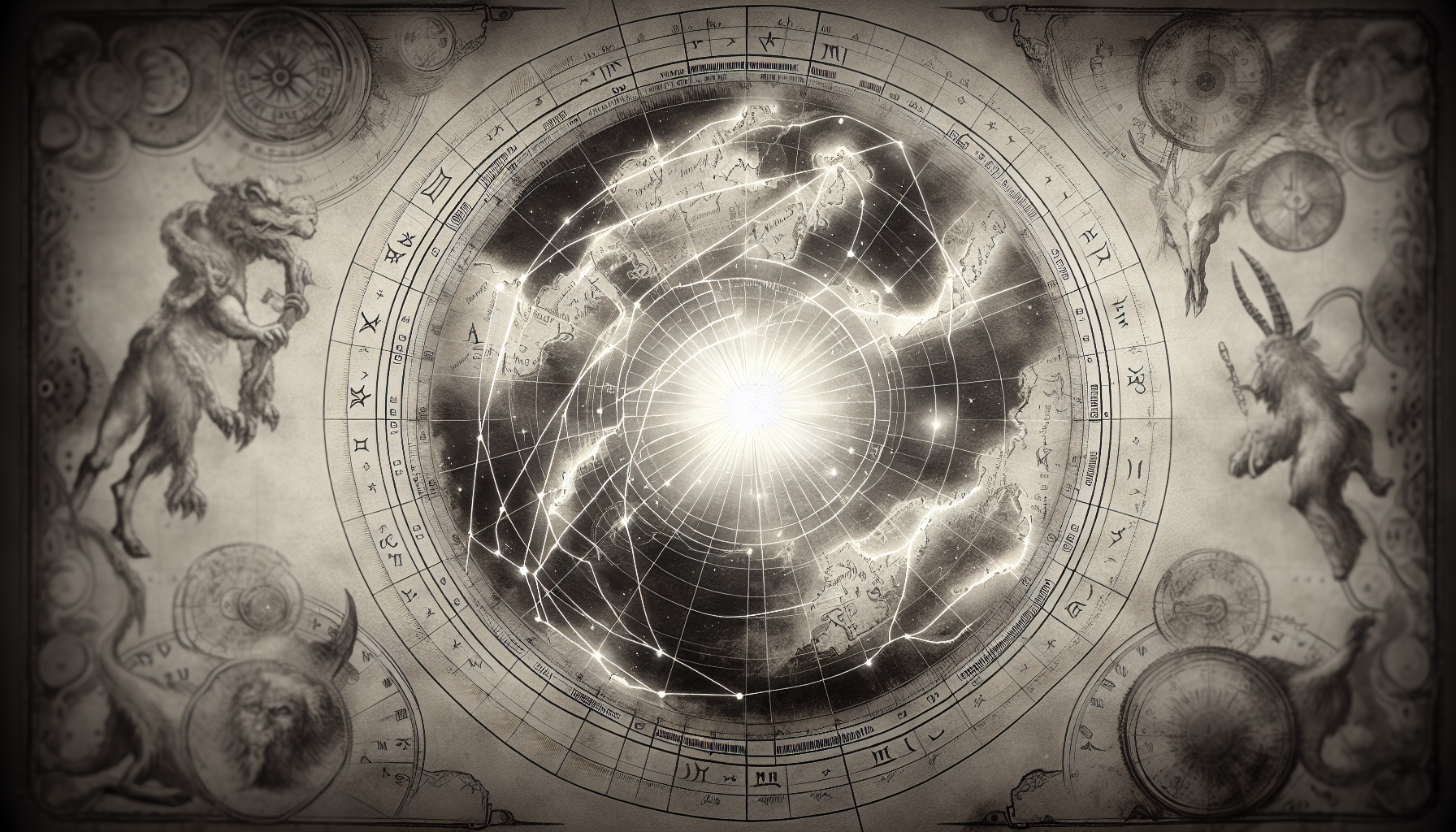 Astrological map glowing faintly with Capricorn path highlighted, monochrome style.”