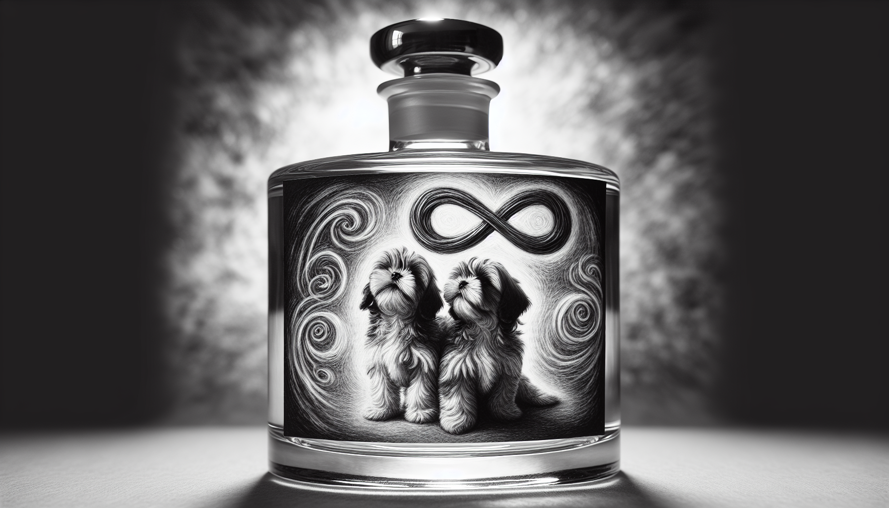 Una botella de vidrio con una etiqueta con dos perritos shitzu y el simbolo infinito