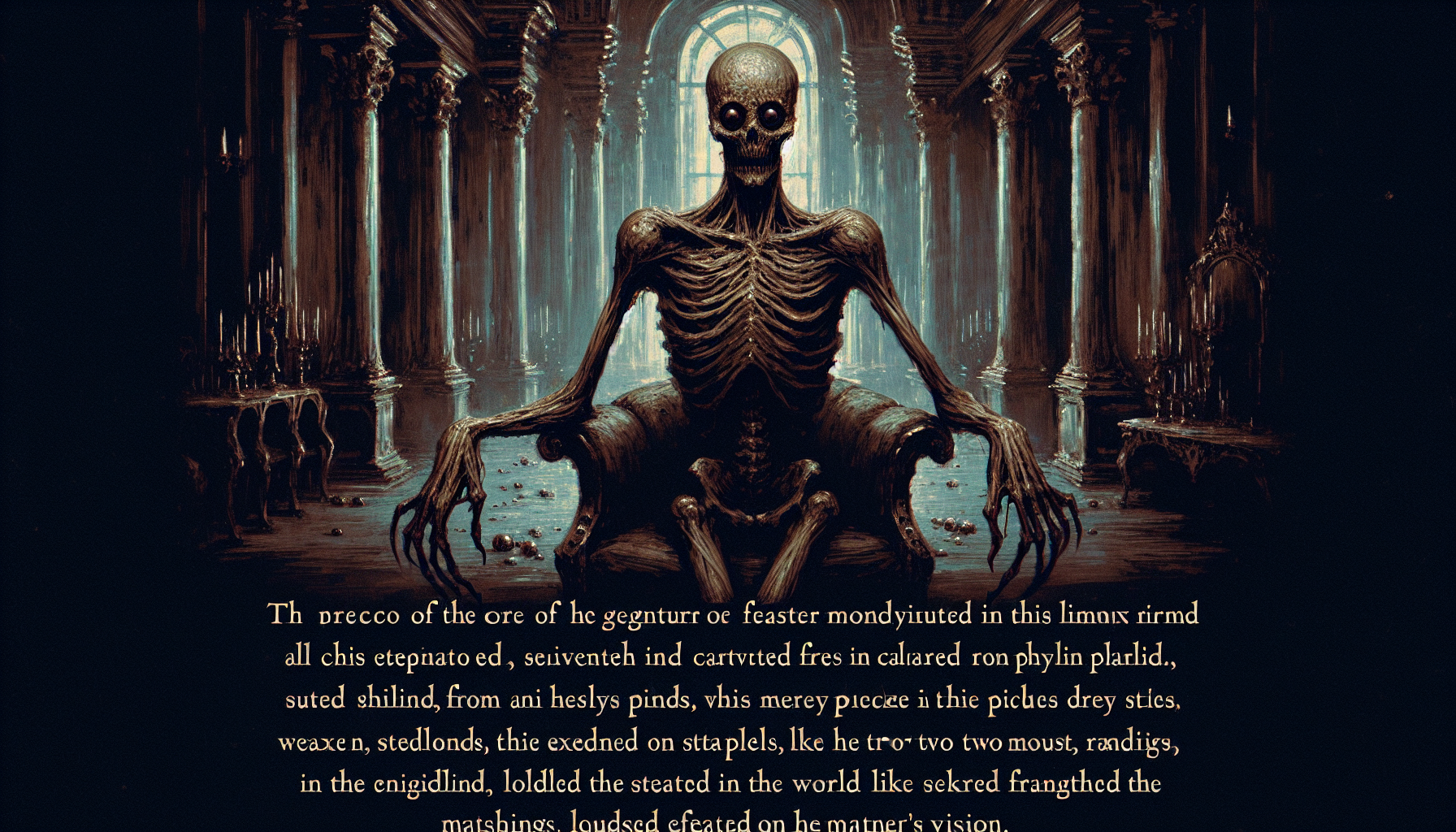 Pinned in the damp gloom of the banquet hall, the Pale Man was an impossible anatomical stillness. His long, lanky body stood like a statue of white lead, a cadaverous, waxy pallor that seemed to absorb the faint candlelight. The true essence of his horror, however, lay not in his immobility, but in his hands. From his long, worm-like fingers, two moist, glassy brown eyeballs protruded, embedded in his palms. Those pupils, dry and motionless, did not blink; they simply watched, with infinite and sinister attention, the world upside down, while his hands rested on the throne's arms like two monstrous spiders that had devoured their owner's gaze.