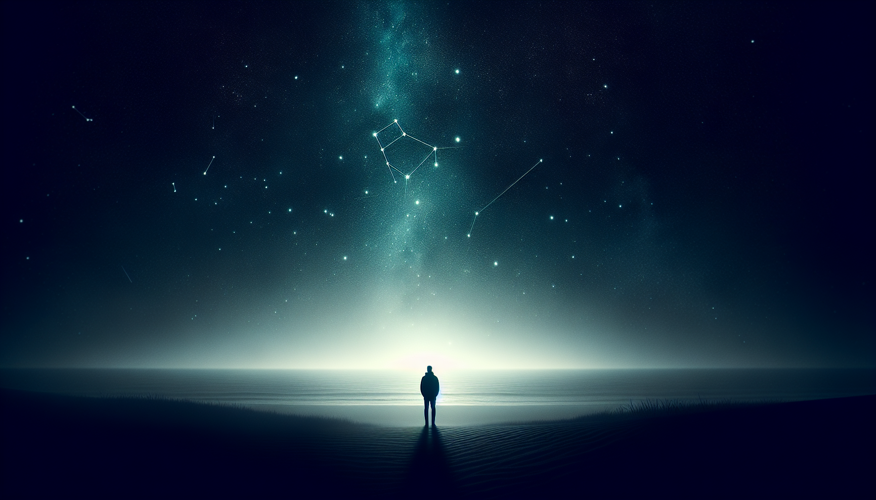 A figure silhouetted against the horizon, Capricorn constellation glowing above them, muted starry sky.