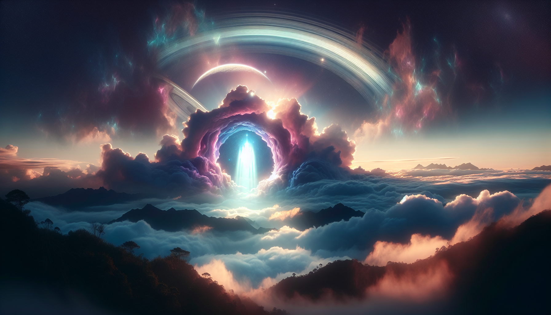 A portal of light opening in the clouds at the peak, Saturn’s rings faintly visible, mystical tones.