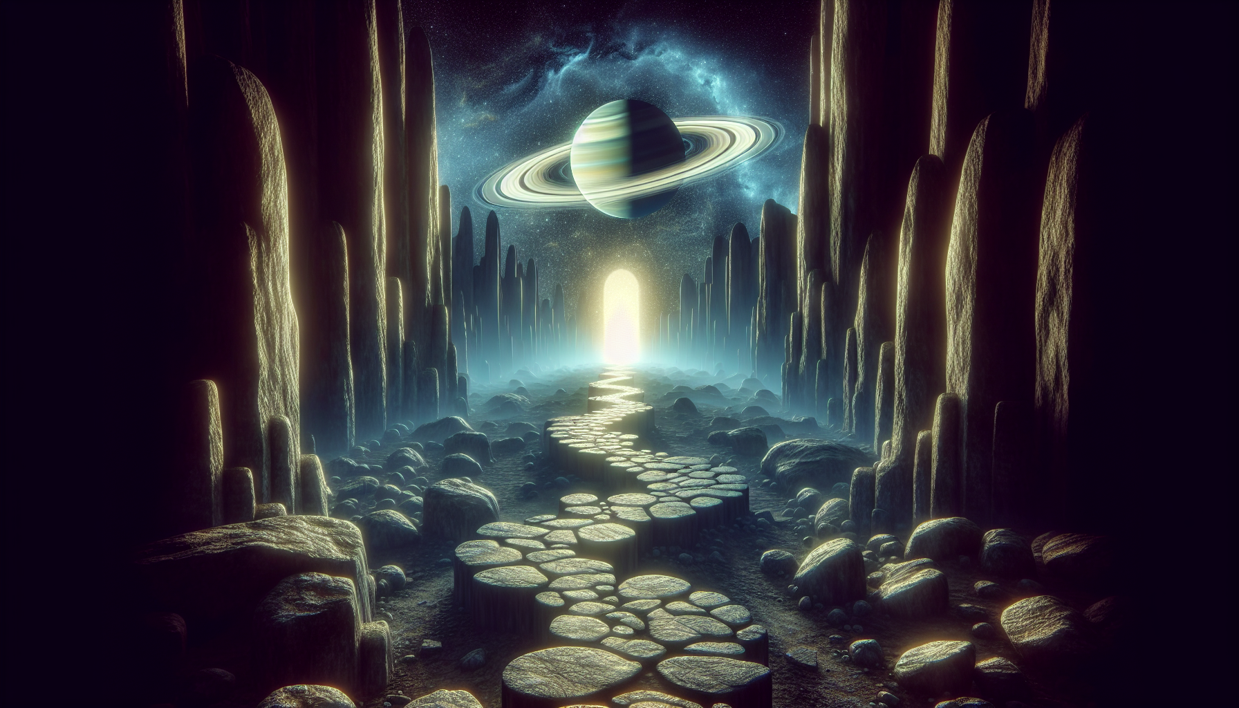 A mystical portal at the top of a rocky path, balanced light and shadow, Saturn floating faintly above.