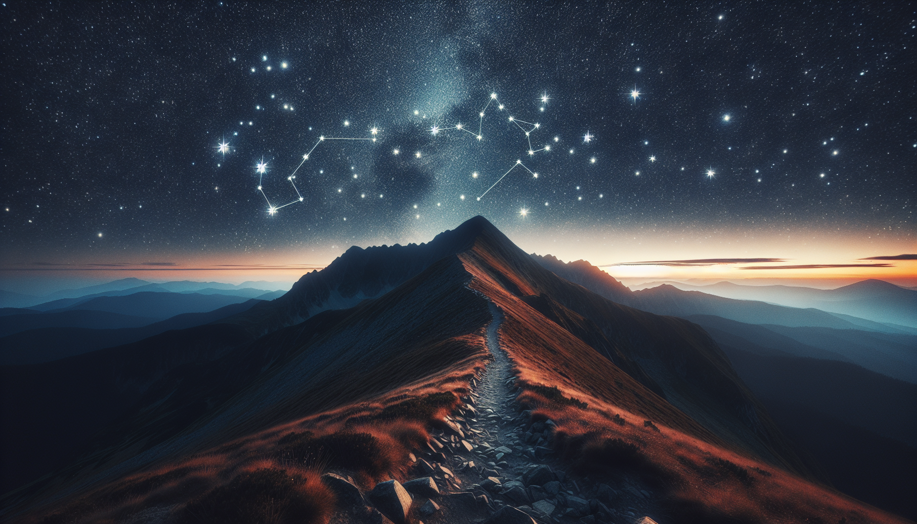 A starry path leading up a mountain trail, Capricorn constellation lighting the way.