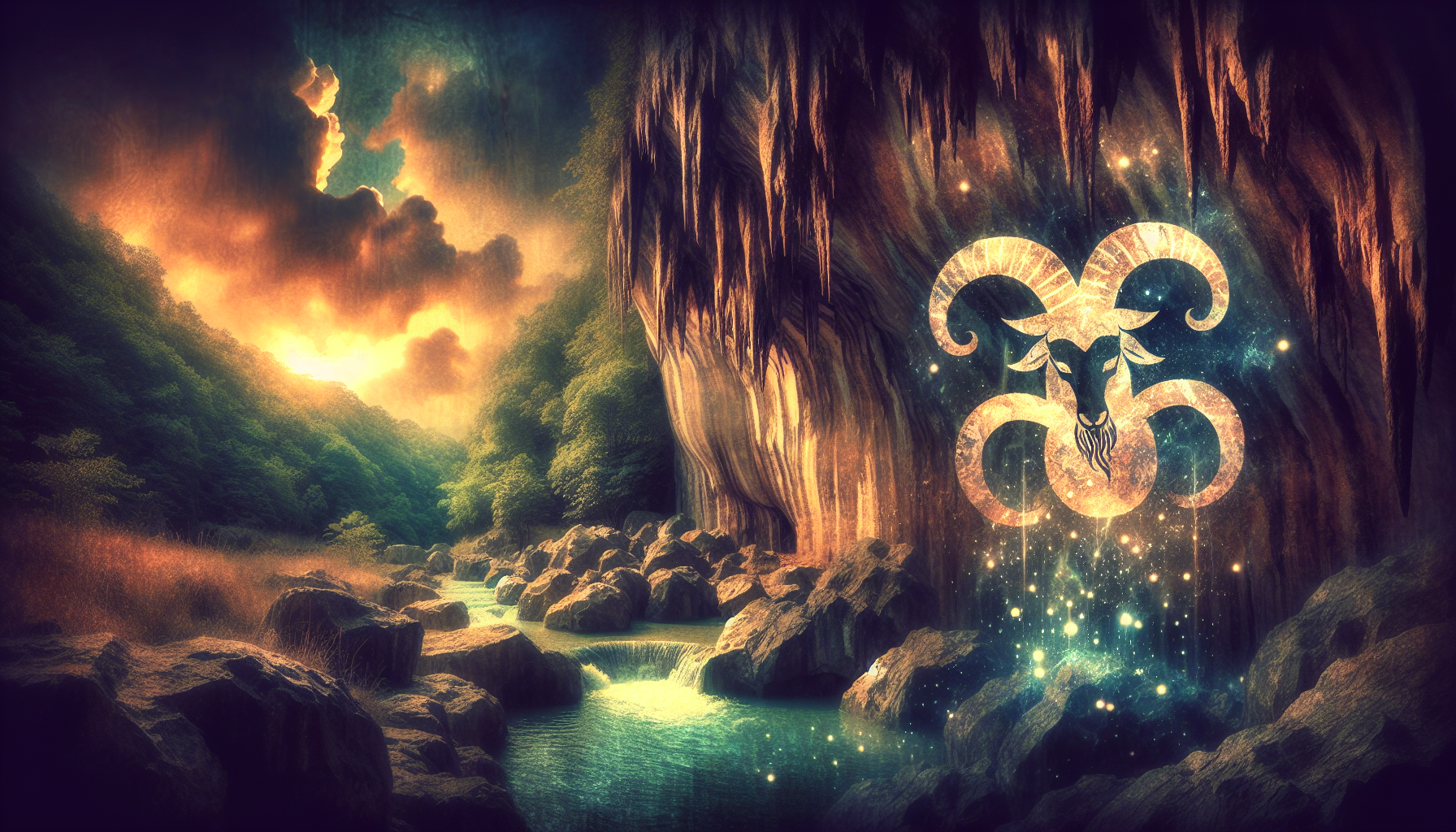A mystical cave entrance glowing with Capricorn zodiac carved above.