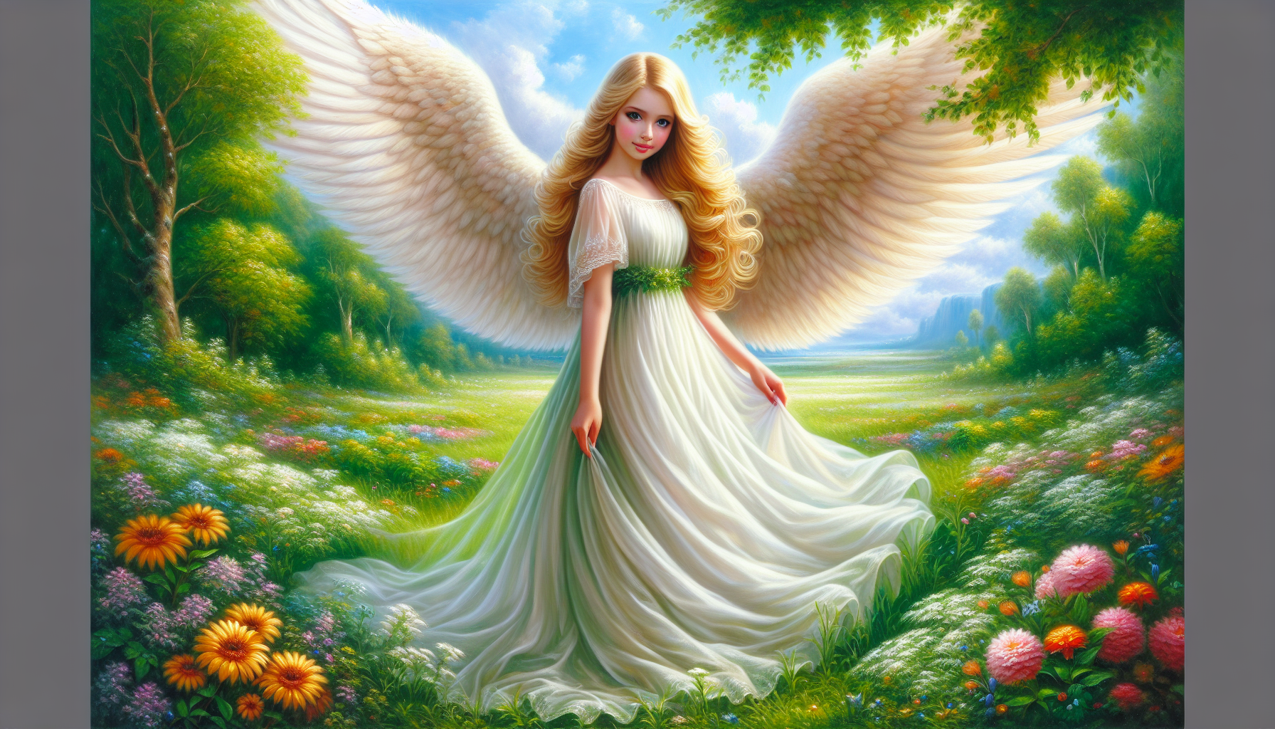 cute angel girl,blonde hair,white wings,dress.grass,flowers,sky,trees