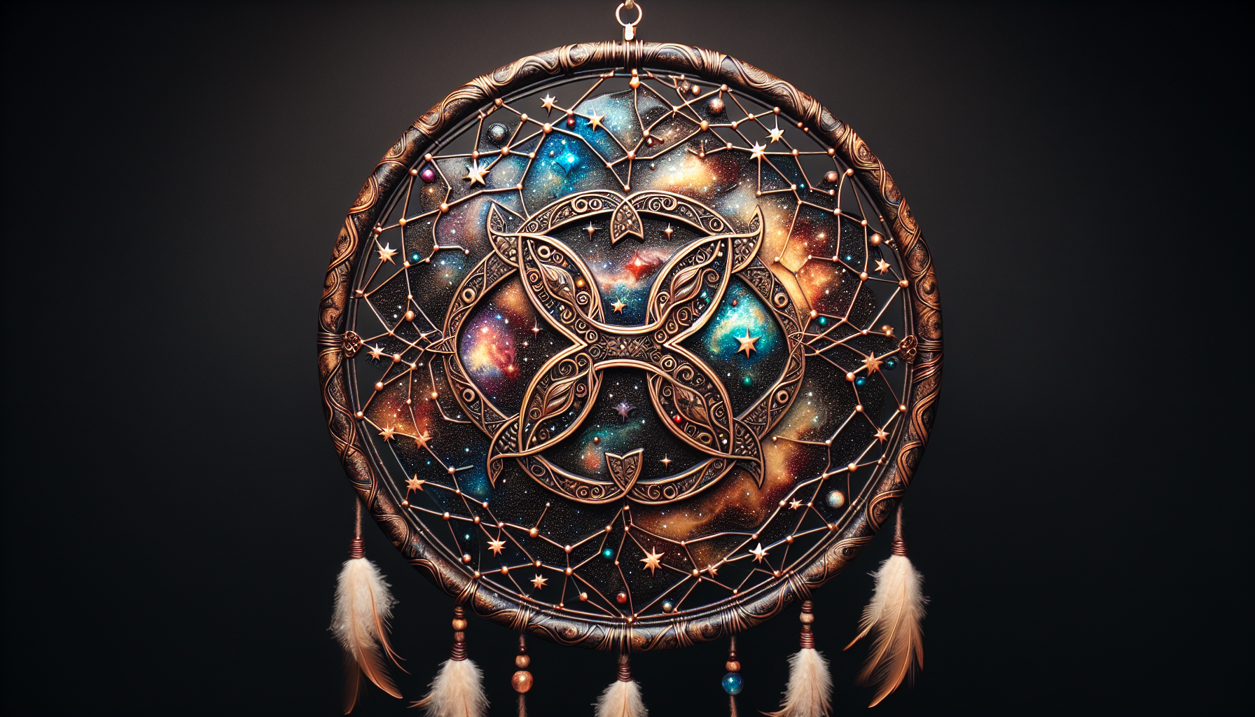 A celestial dreamcatcher with Pisces symbol in the center