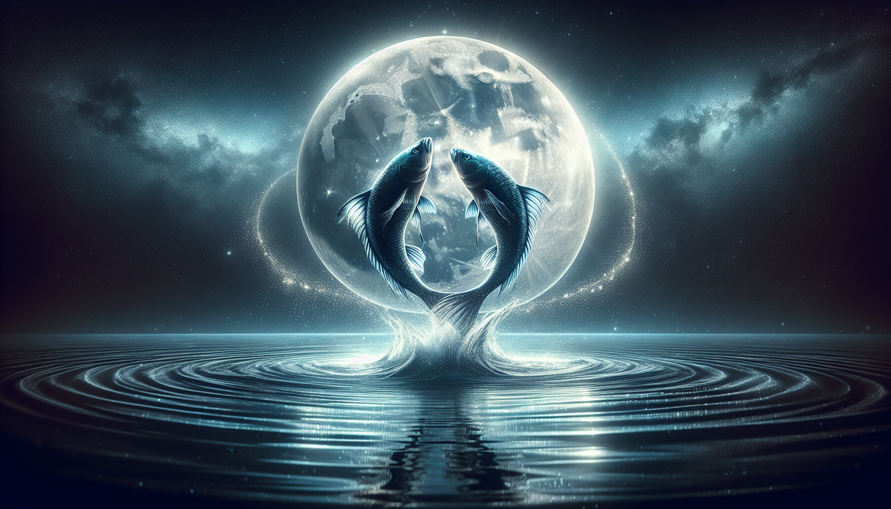 Two fish swimming around a glowing full moon forming Pisces shape