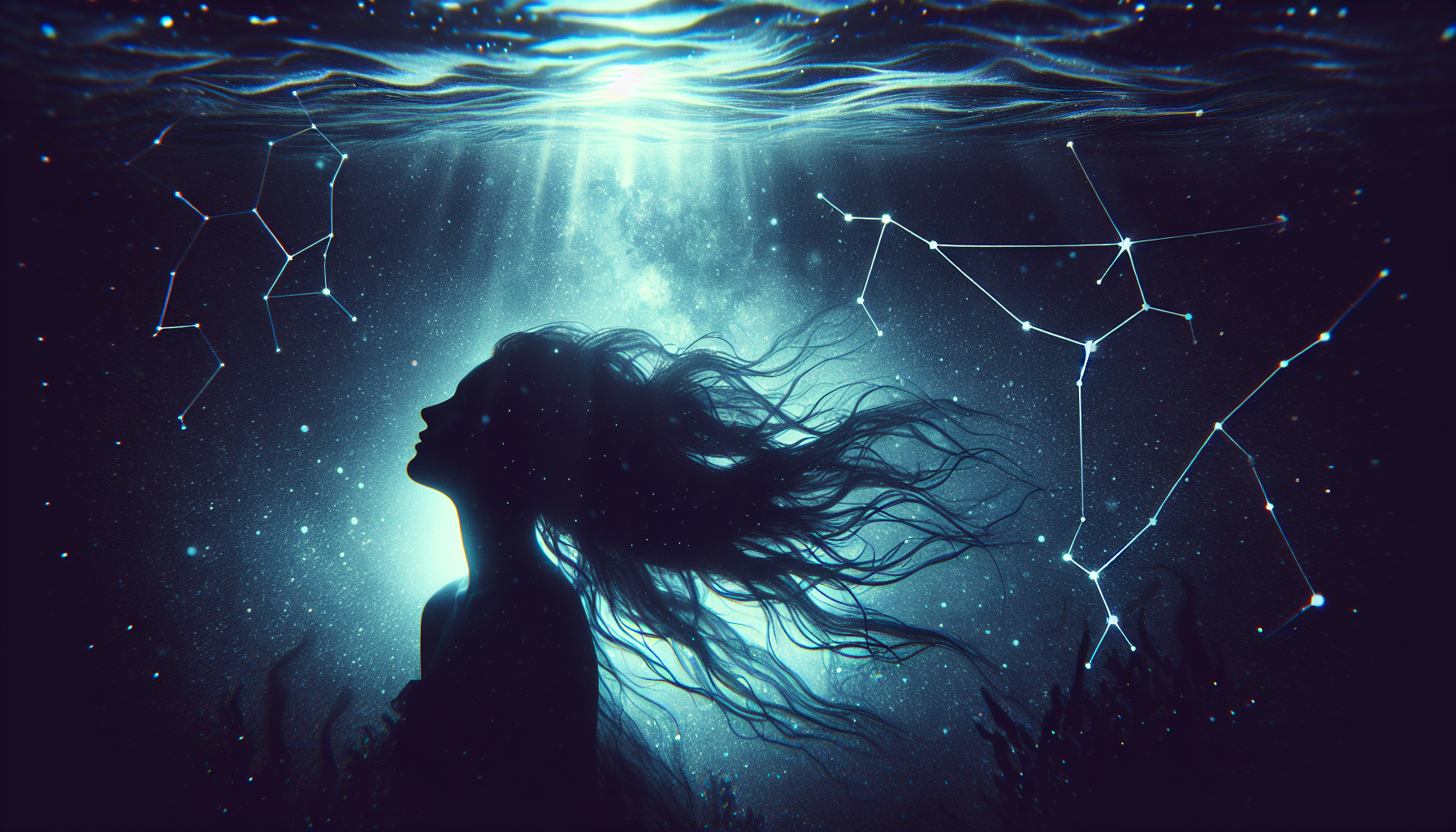 A silhouette of a mermaid gazing at the Pisces constellation