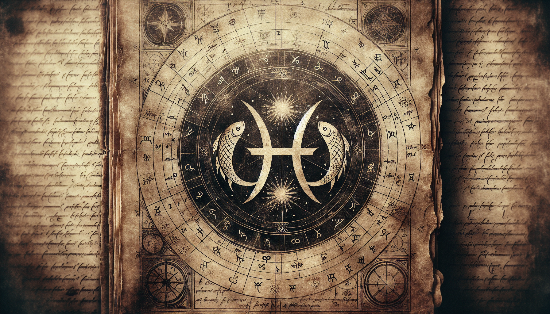 Ancient astrological manuscript with Pisces symbol glowing faintly.