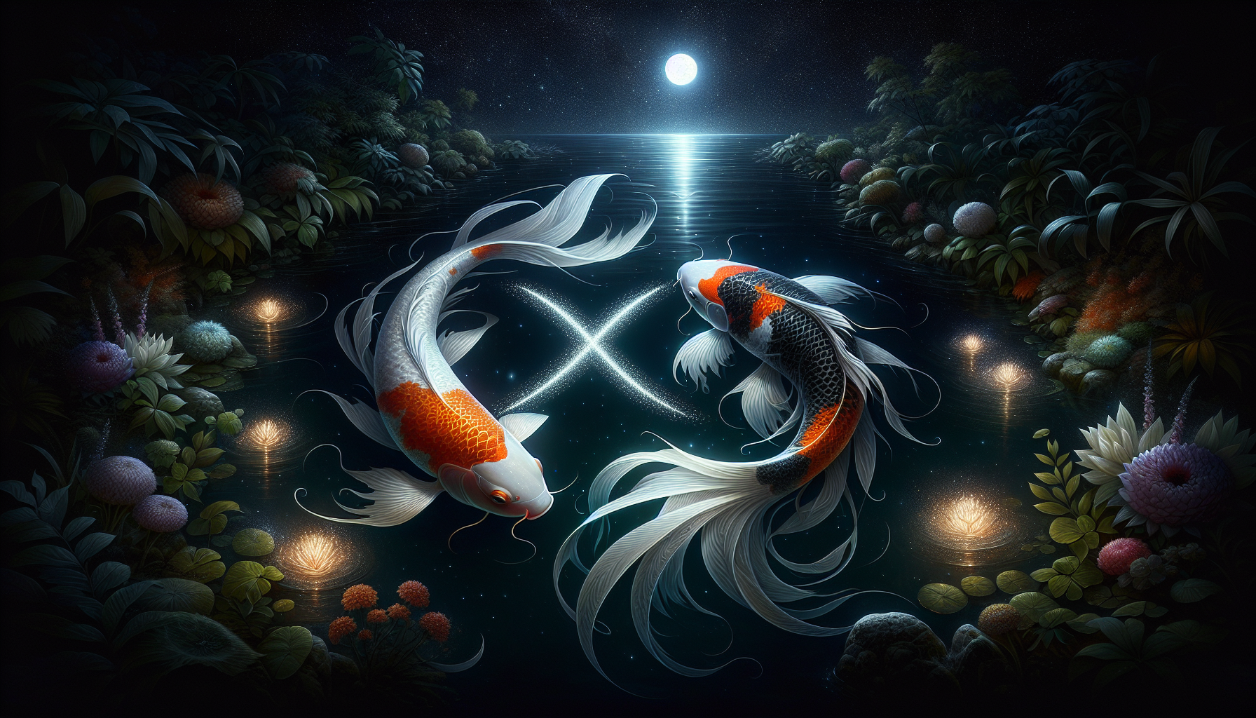 Two koi fish forming the Pisces glyph, glowing faintly under starlight.