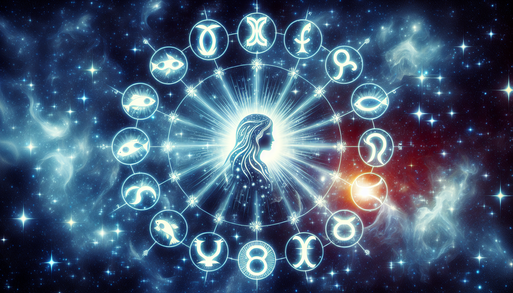A spiritual guide figure surrounded by all zodiac symbols, Pisces most radiant.