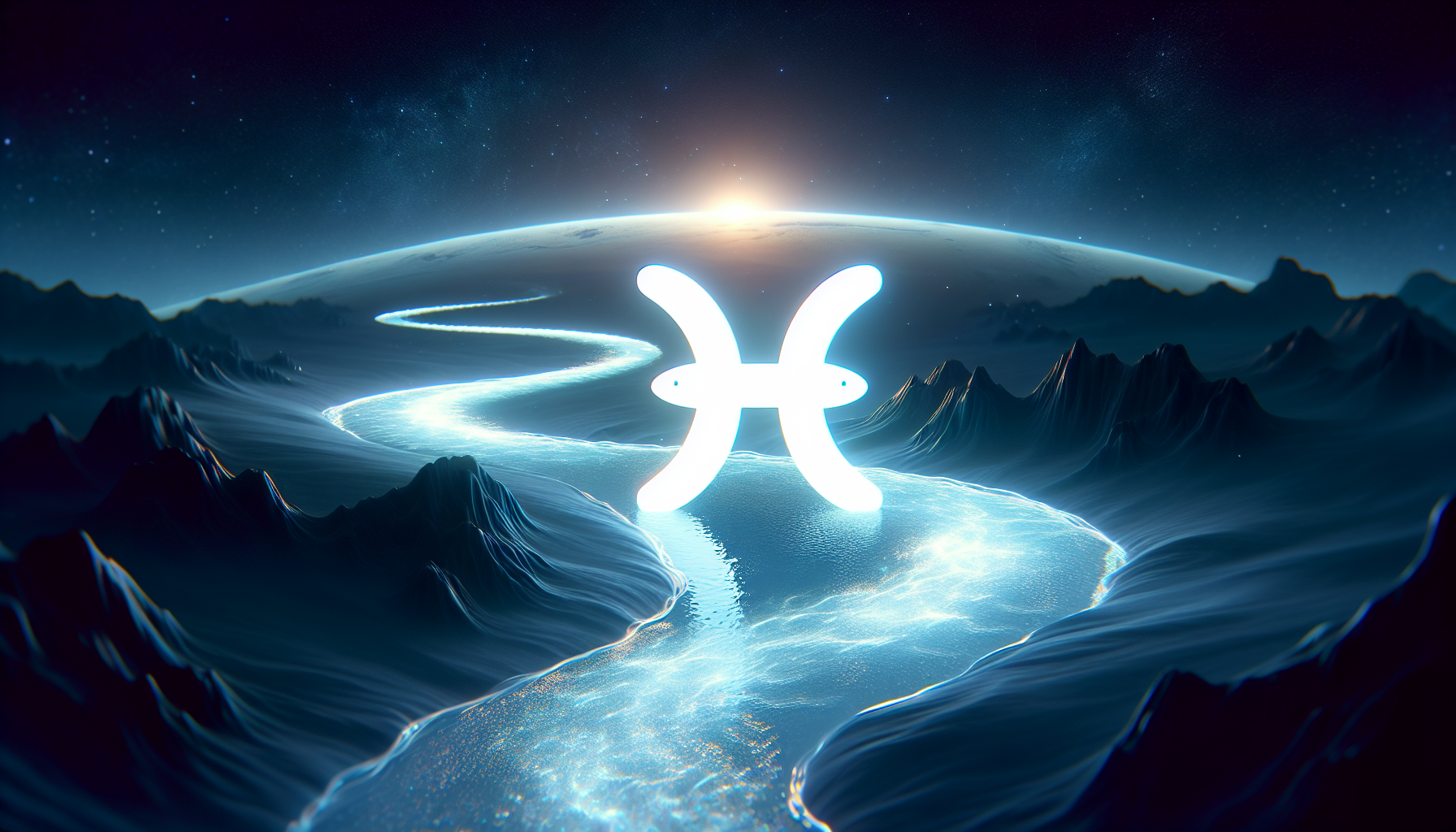 A river shaped like the Pisces zodiac symbol, glowing faintly.