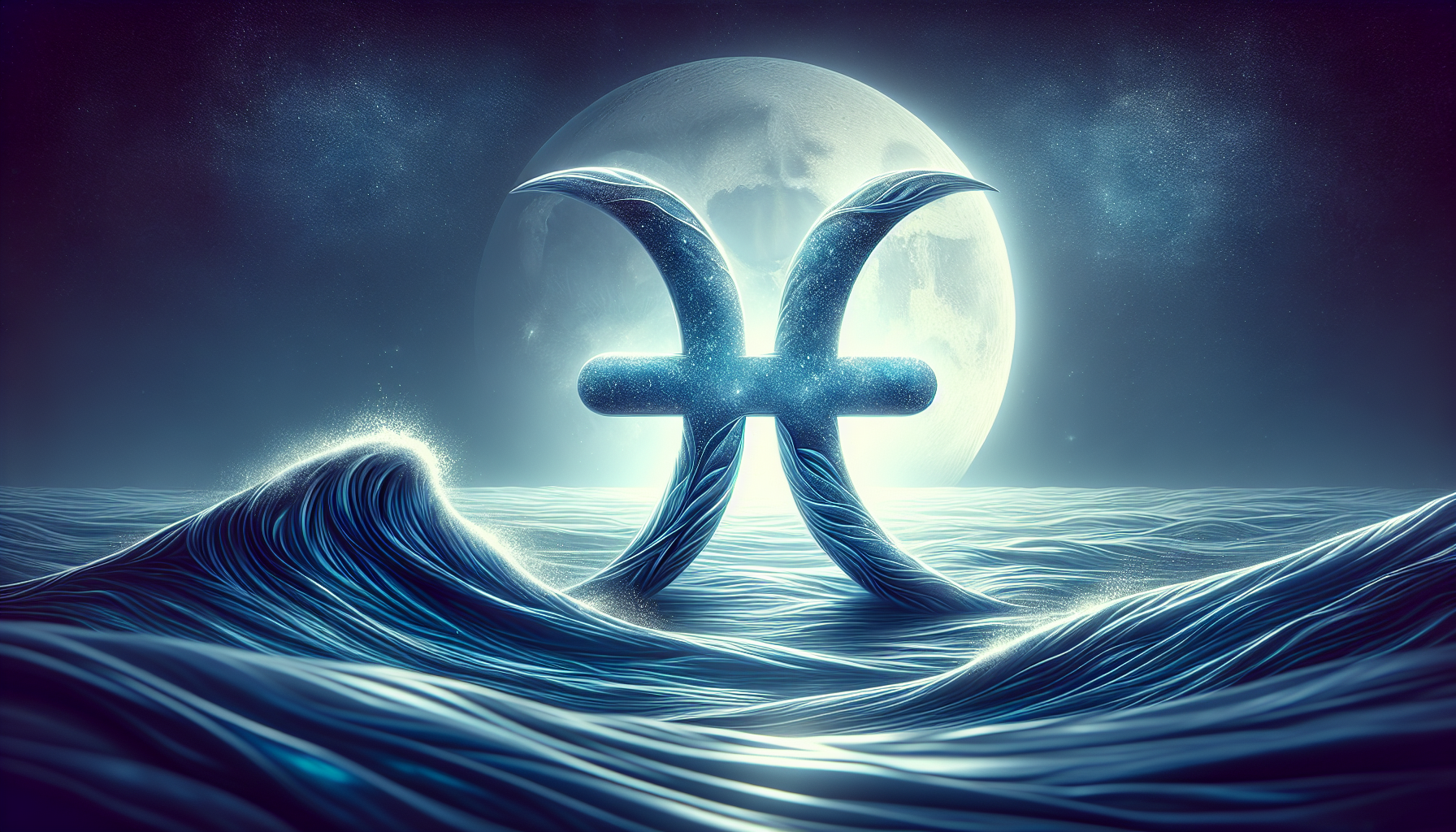 A moonlit ocean with Pisces glyph appearing in the waves.
