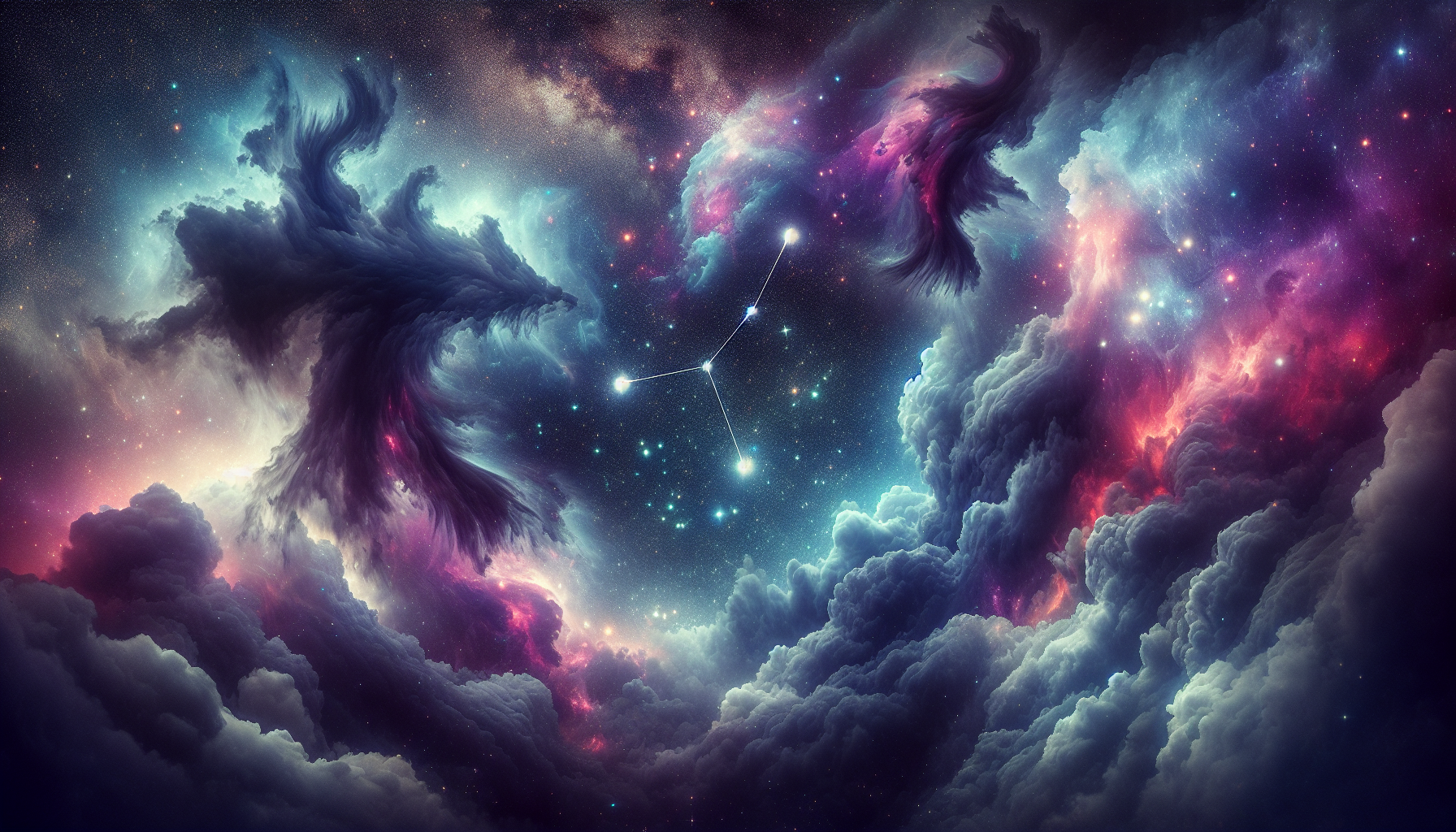Cosmic storm clouds parting to reveal Pisces constellation.