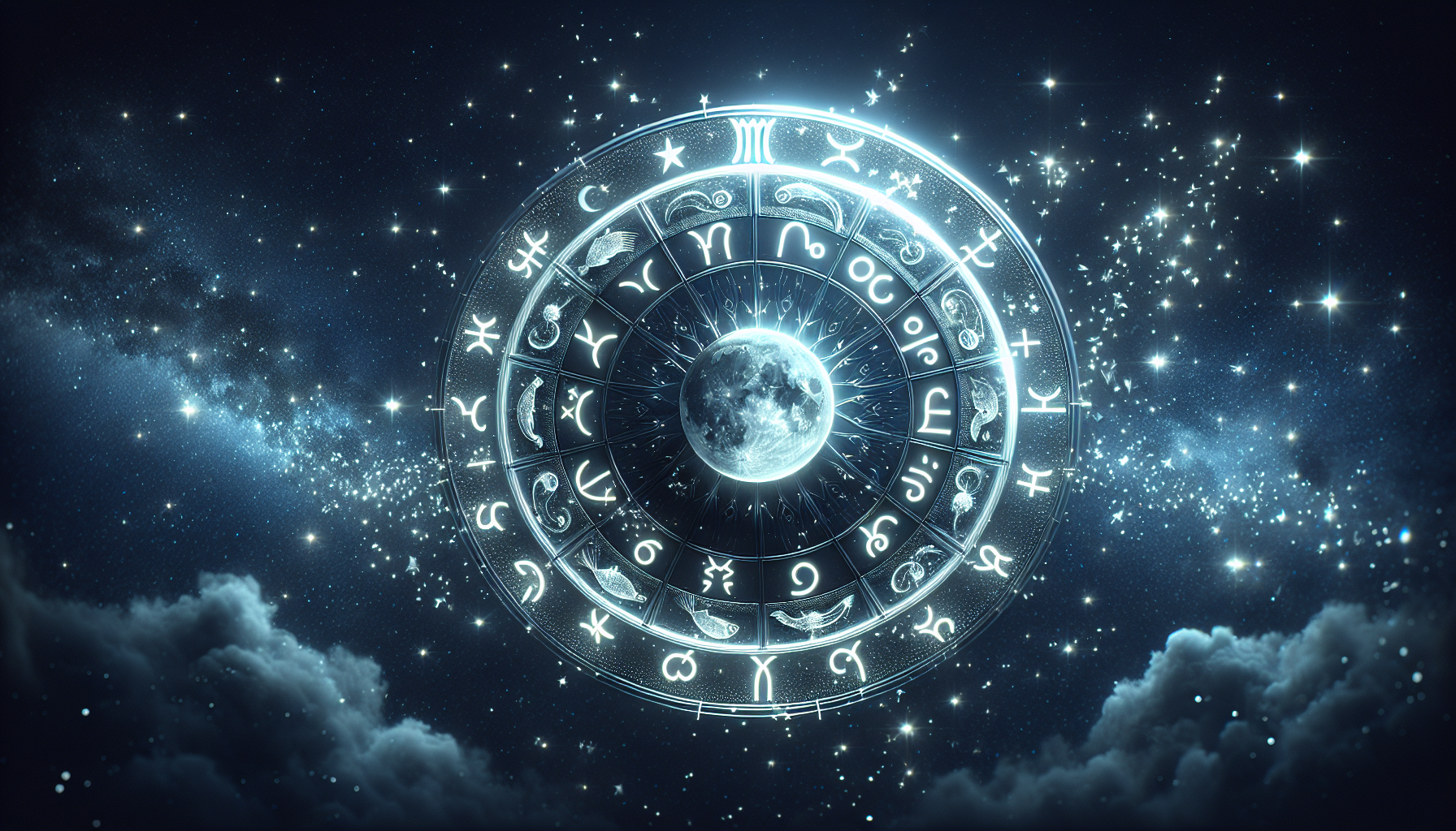 Astrology wheel in the sky with Pisces in moonlight.