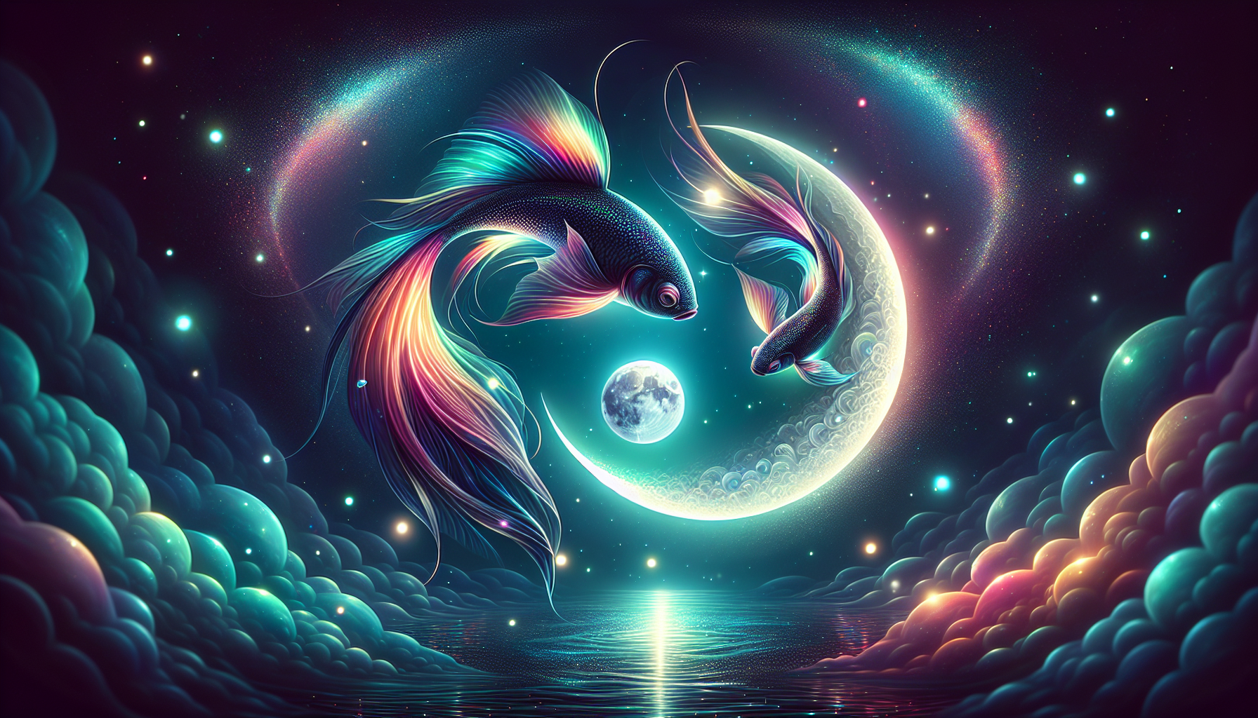 Two glowing fish circling around a crescent moon.