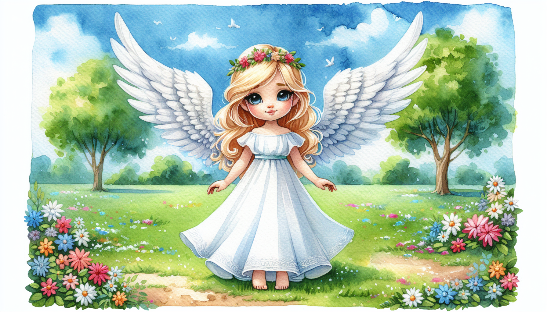 cute angel girl,blonde hair,white wings,dress.grass,flowers,sky,trees