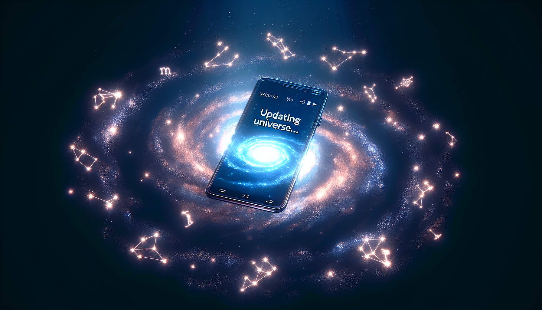 A glowing cosmic smartphone in space with “Updating Universe…” written on screen, surrounded by zodiac constellations, humorous yet mystical vibe.