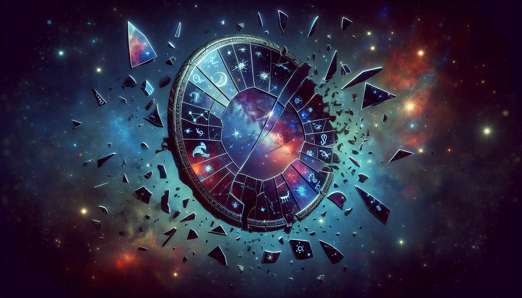 A shattered cosmic mirror floating in space, fragments reflecting glowing zodiac constellations and hidden faces, symbolizing truth revealed.