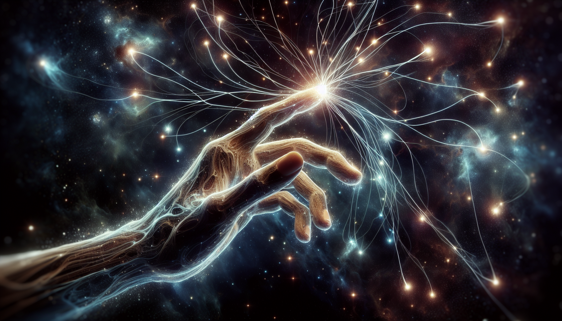 A hand reaching into the cosmos, grasping glowing starlight threads that form symbols of destiny.