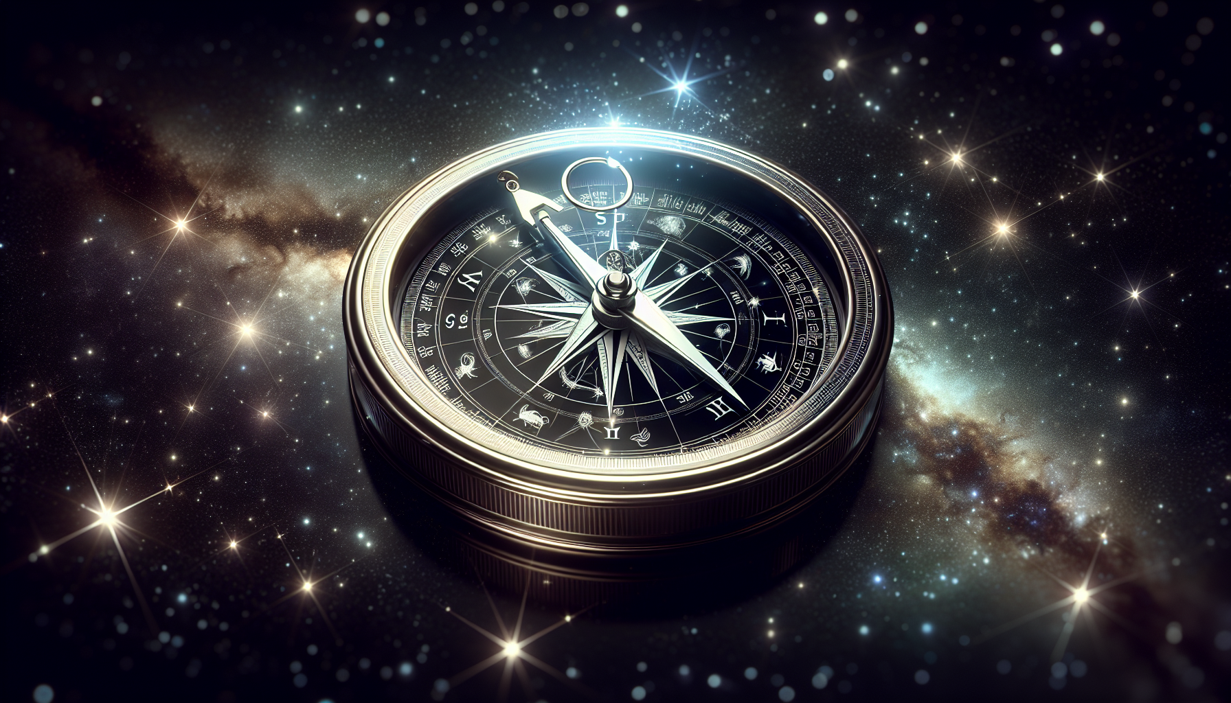 A glowing compass floating in space, with zodiac signs instead of directions, radiating starlight.
